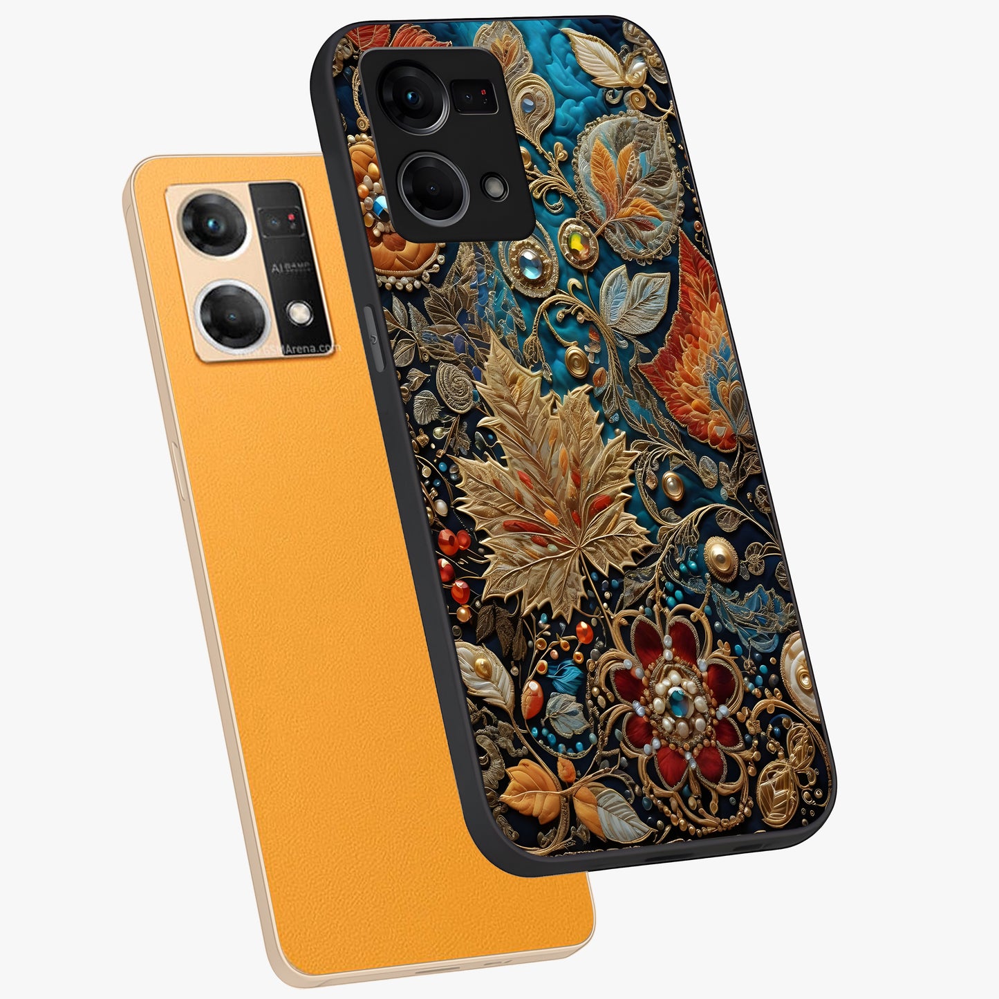 Royal Jewel Garden Glass Case displayed in angled mockup highlighting vibrant jewel inspired floral design with elegant aesthetic.