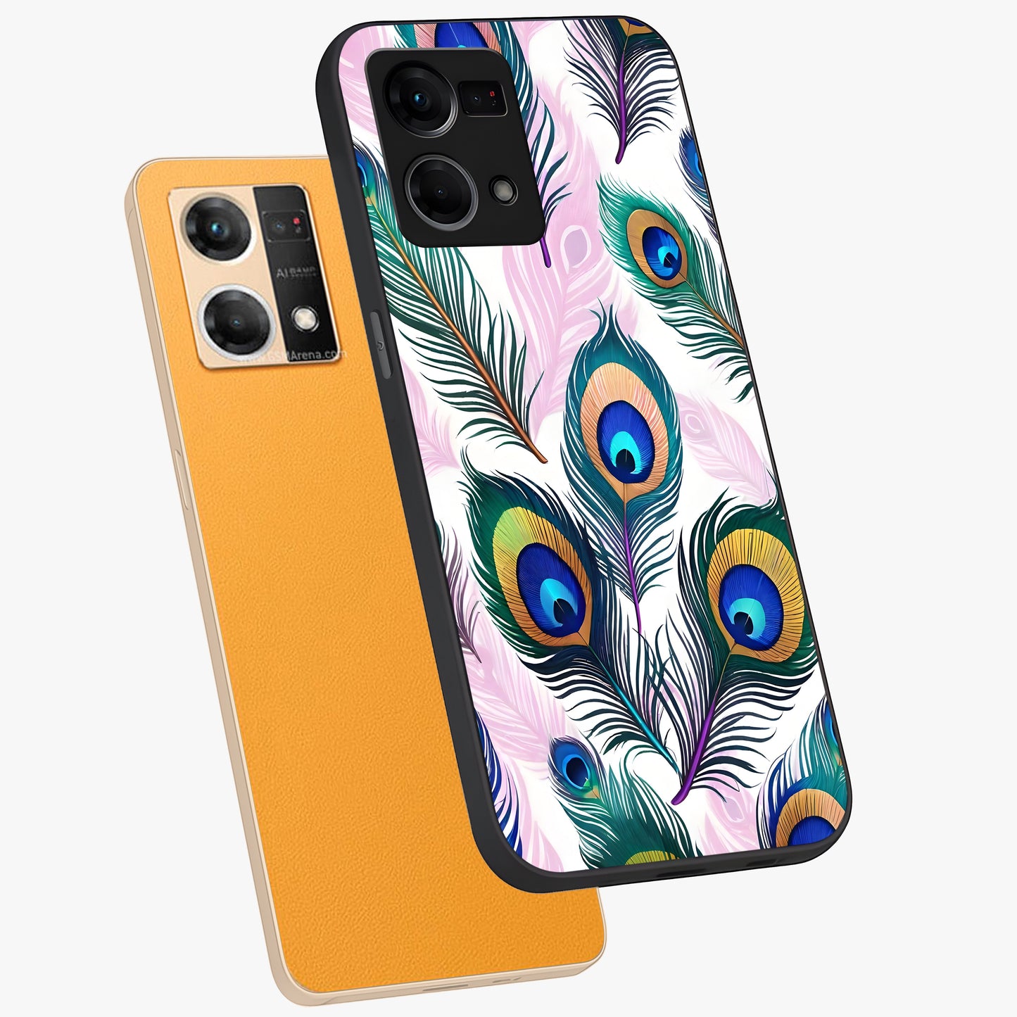 Royal Peacock Feathers Glass Case displayed in angled mockup highlighting vibrant feather pattern with regal aesthetic style.
