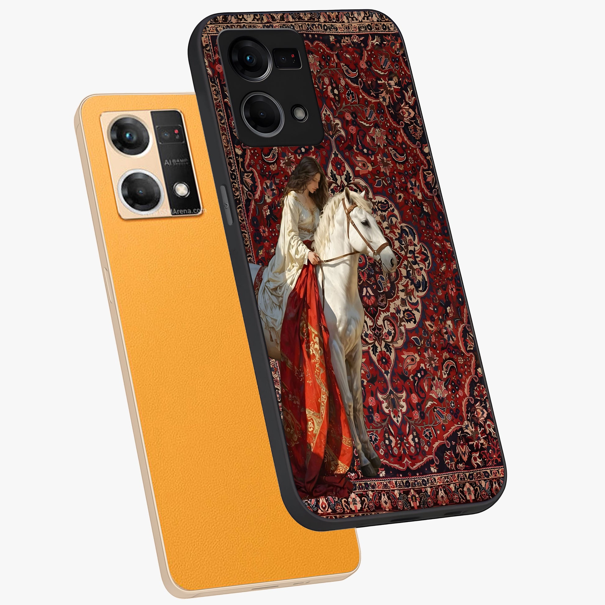 Royal Rider Tapestry Glass Case displayed in angled mockup highlighting traditional tapestry design with royal heritage aesthetic.