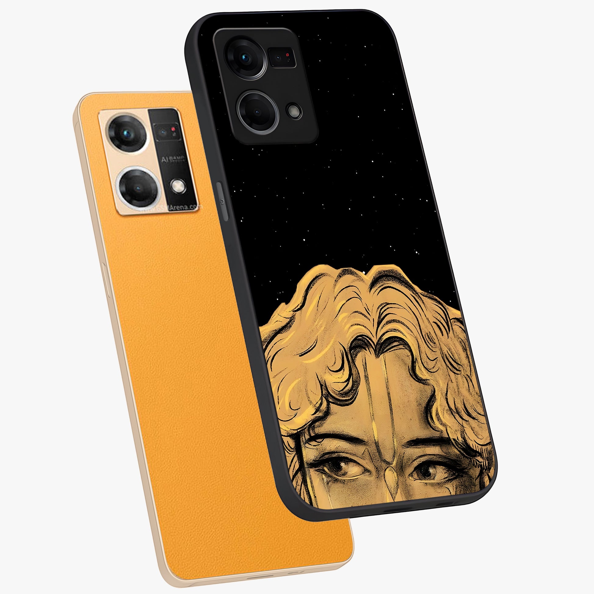 Shri Krishna Art Glass Case displayed in angled mockup highlighting spiritual Krishna illustration with divine aesthetic.