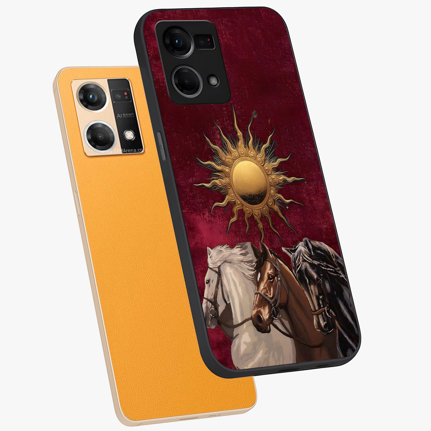 Solar Riders Glass Case displayed in angled mockup highlighting powerful rider illustration with radiant solar aesthetic.