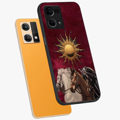 Solar Riders Glass Case displayed in angled mockup highlighting powerful rider illustration with radiant solar aesthetic.
