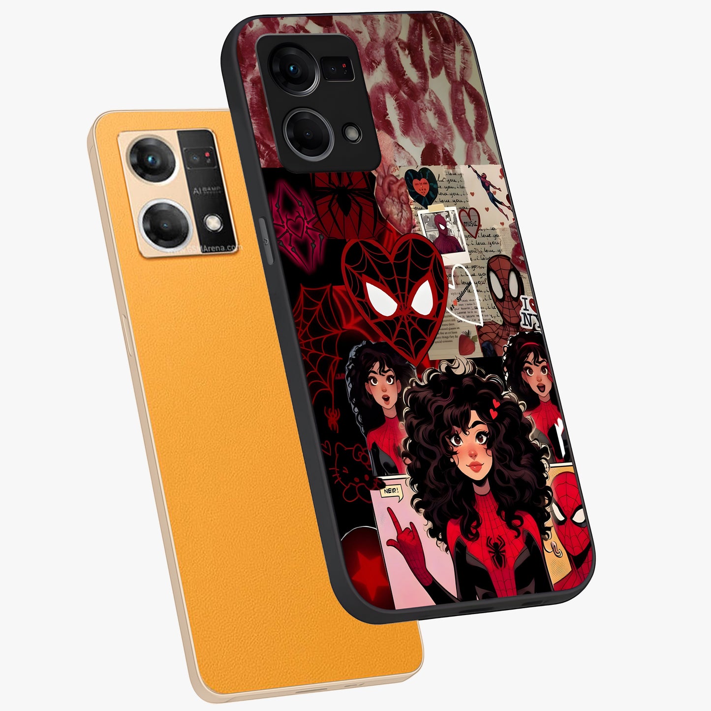 Spider Love Story Glass Case displayed in angled mockup highlighting expressive comic inspired design with playful aesthetic.