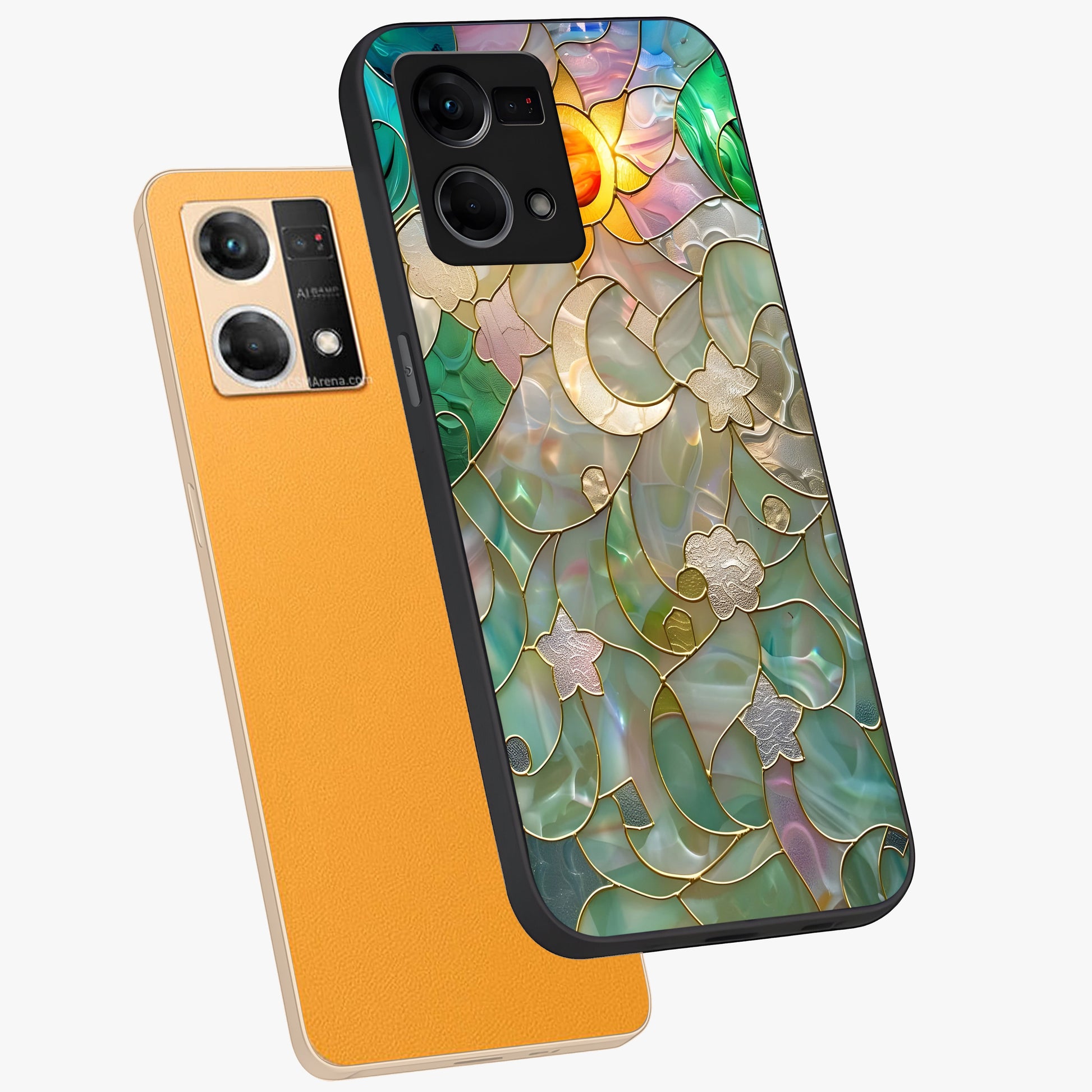 Stained Sunrise Glow Glass Case displayed in angled mockup highlighting radiant sunrise design with artistic aesthetic style.