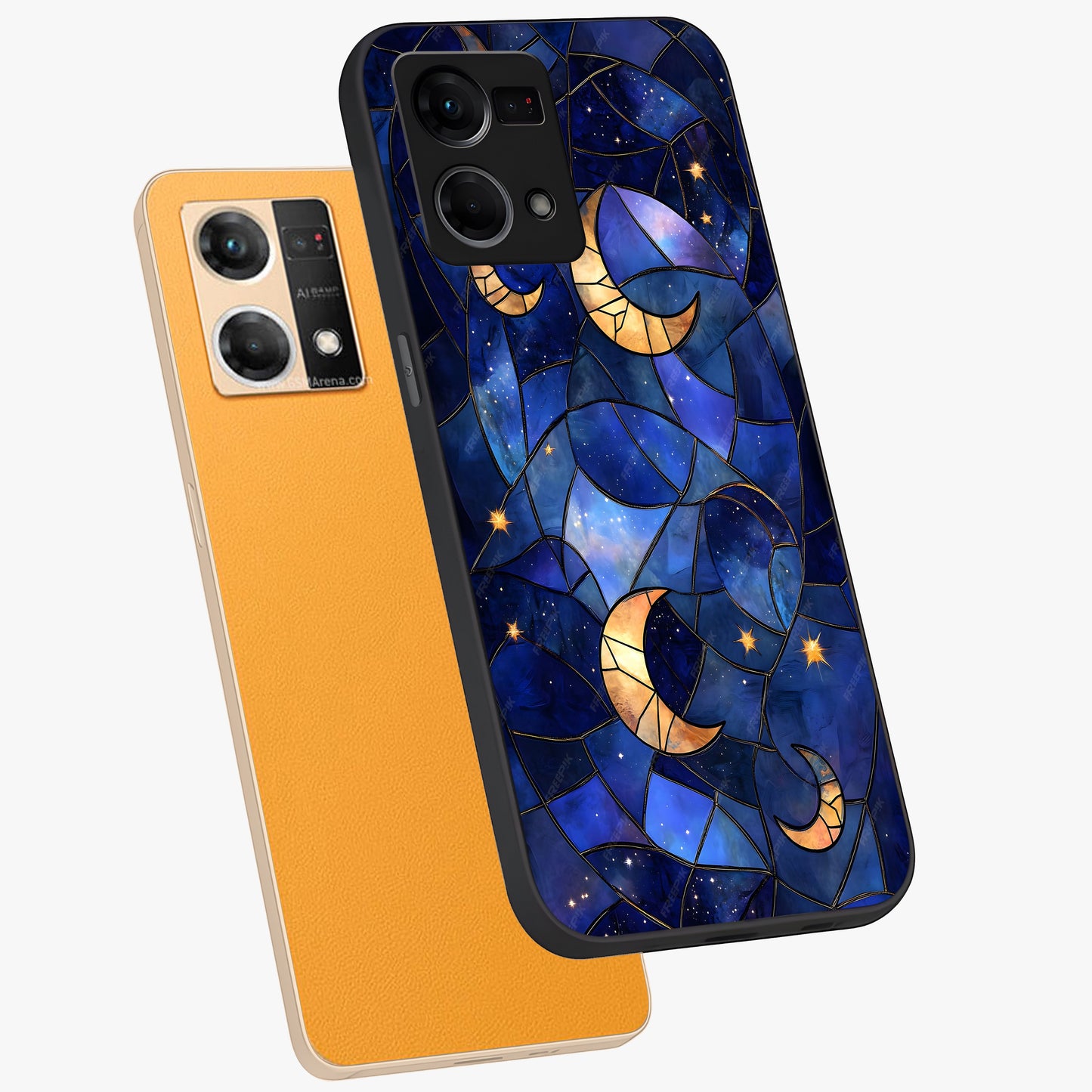 Starlit Sky Tapestry Glass Case displayed in angled mockup highlighting celestial night pattern with artistic aesthetic style.