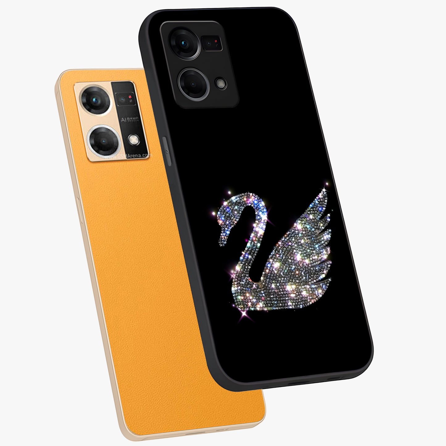Starlit Swan Grace Glass Case displayed in angled mockup highlighting elegant swan illustration with dreamy celestial aesthetic.