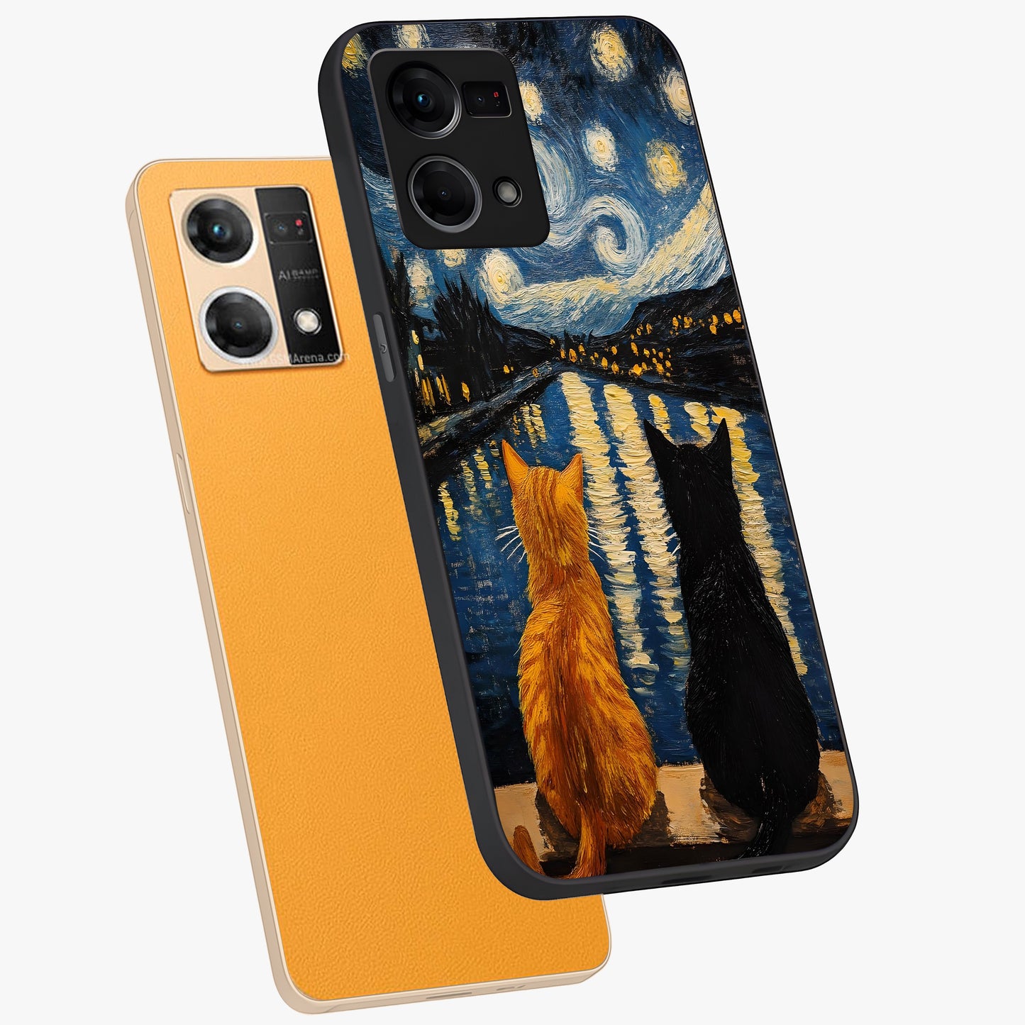 Starry River Cats Glass Case displayed in angled mockup highlighting charming feline illustration with dreamy night aesthetic.