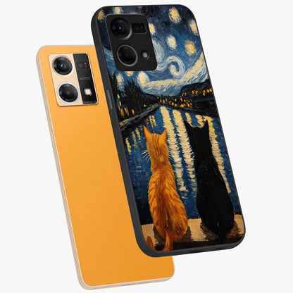 Starry River Cats Glass Case displayed in angled mockup highlighting charming feline illustration with dreamy night aesthetic.