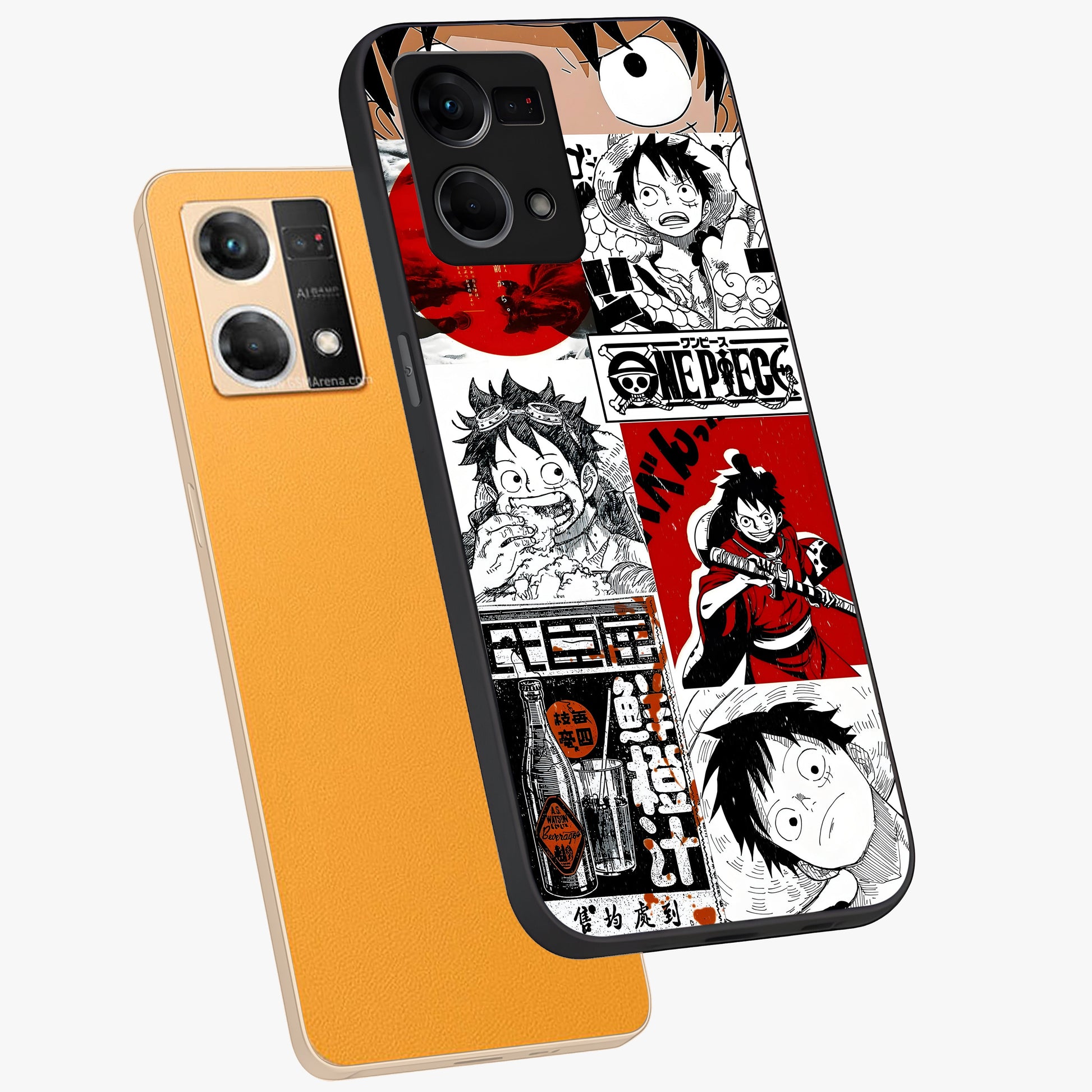Strawhat Chaos Panels Glass Case displayed in angled mockup highlighting vibrant anime collage design with action aesthetic.