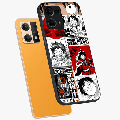 Strawhat Chaos Panels Glass Case displayed in angled mockup highlighting vibrant anime collage design with action aesthetic.