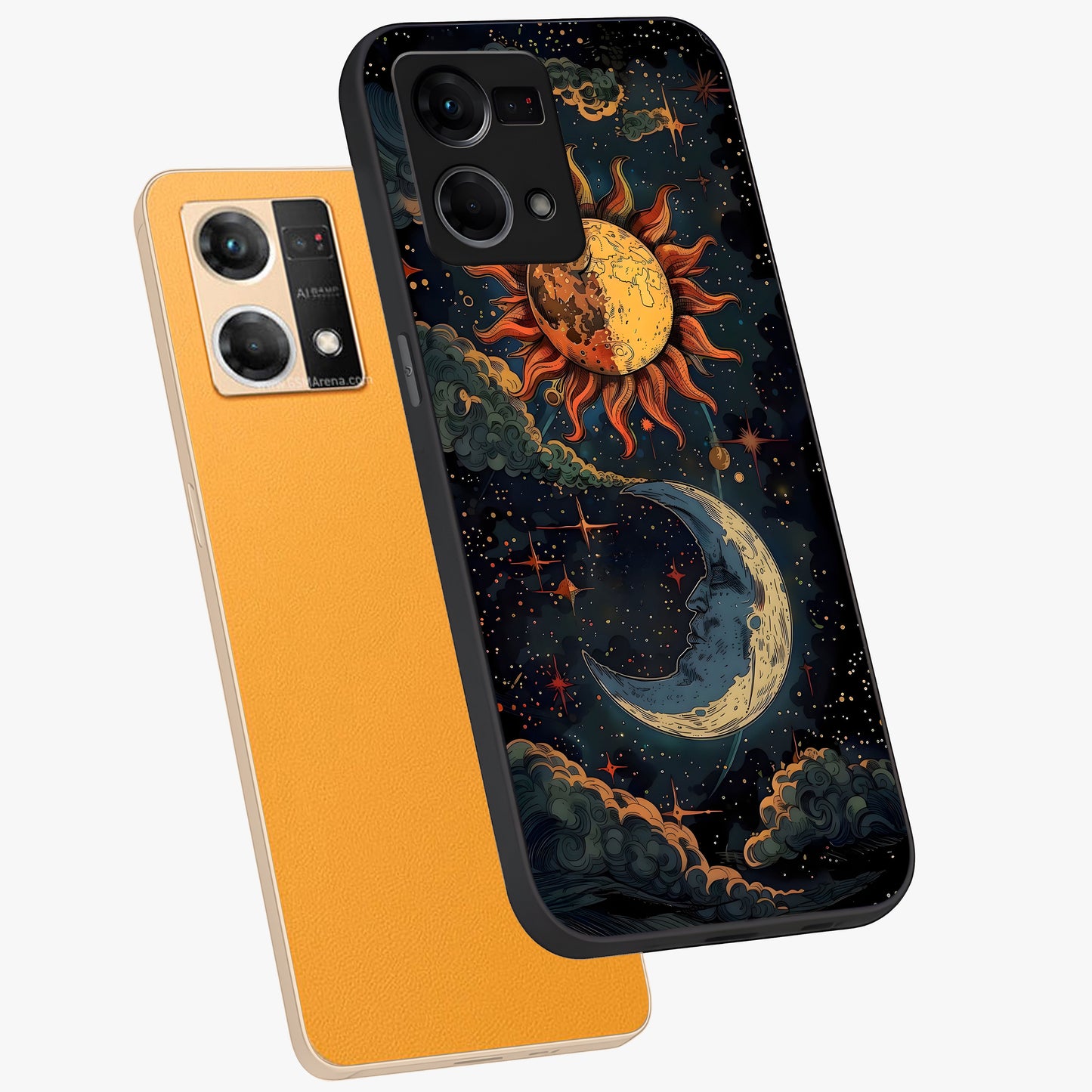 Sun And Moon Magic Design Glass Case displayed in angled mockup highlighting celestial design with magical cosmic aesthetic.