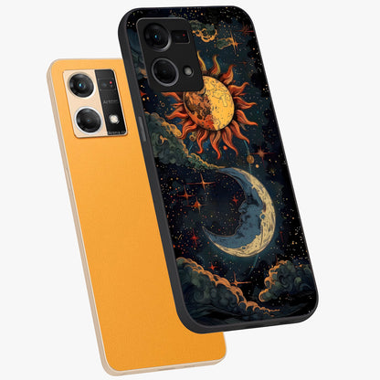 Sun And Moon Magic Design Glass Case displayed in angled mockup highlighting celestial design with magical cosmic aesthetic.