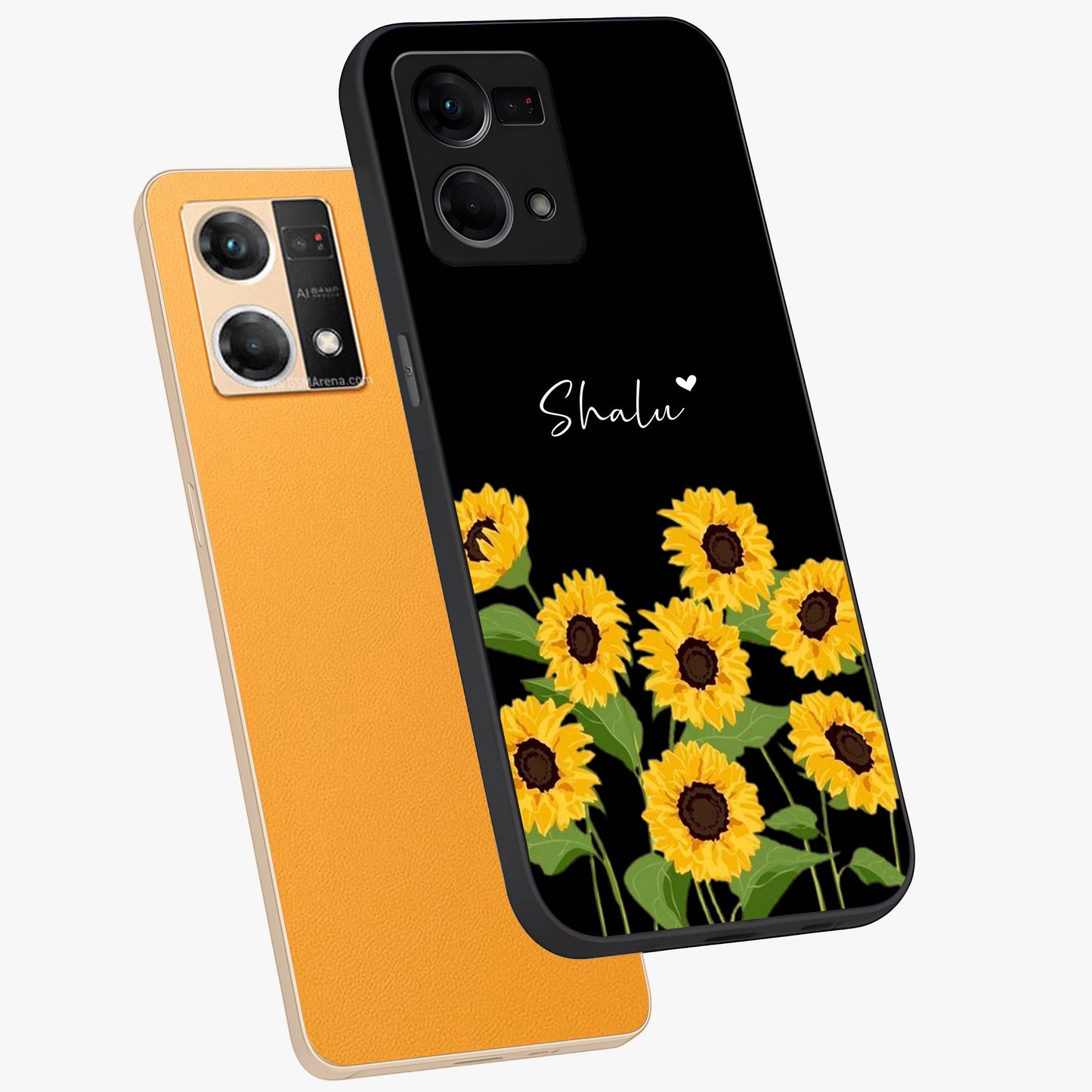 Sunflower Chic Mood Custom Name Glass Case displayed in angled mockup highlighting vibrant sunflower design with custom name feature.