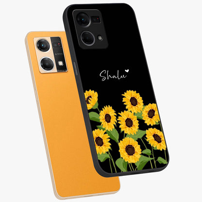 Sunflower Chic Mood Custom Name Glass Case displayed in angled mockup highlighting vibrant sunflower design with custom name feature.