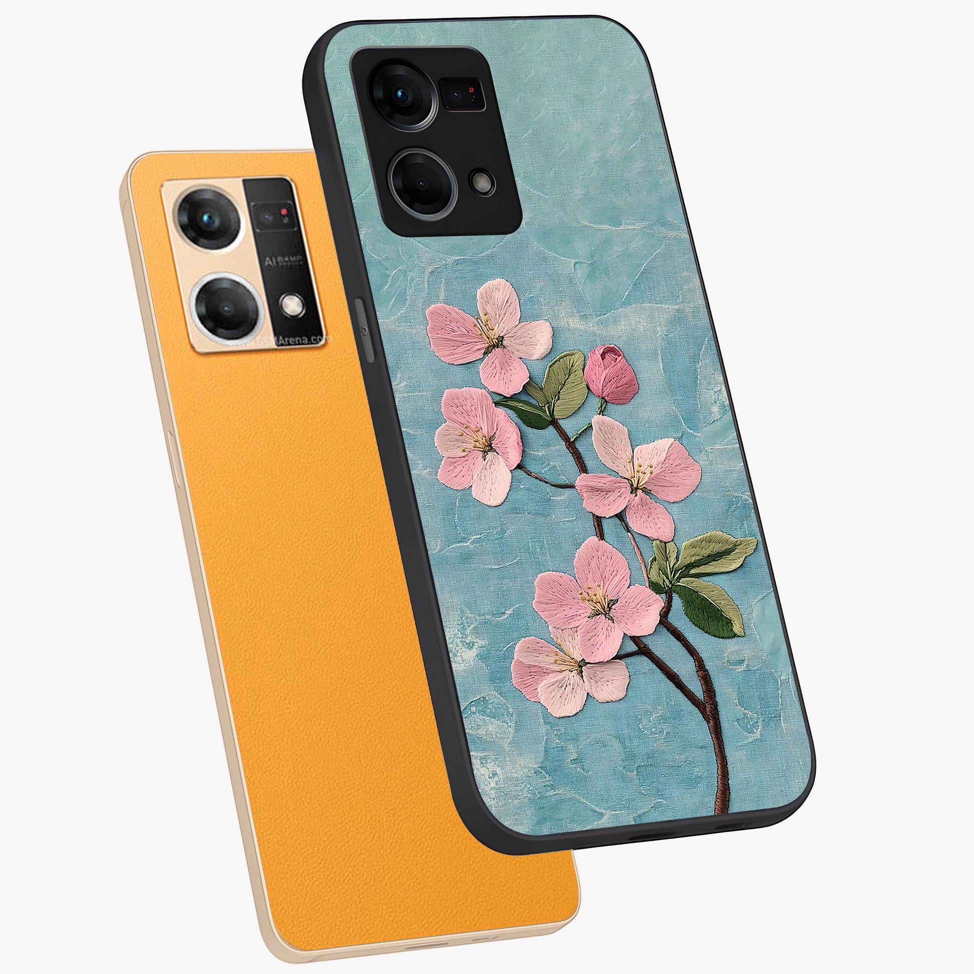 Threaded Blossom Breeze Glass Case displayed in angled mockup highlighting elegant floral design with soft aesthetic style.