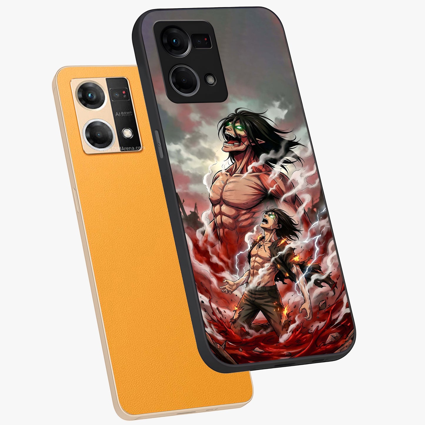 Titan Awakening Fury Glass Case displayed in angled mockup highlighting dramatic giant warrior design with bold anime aesthetic.