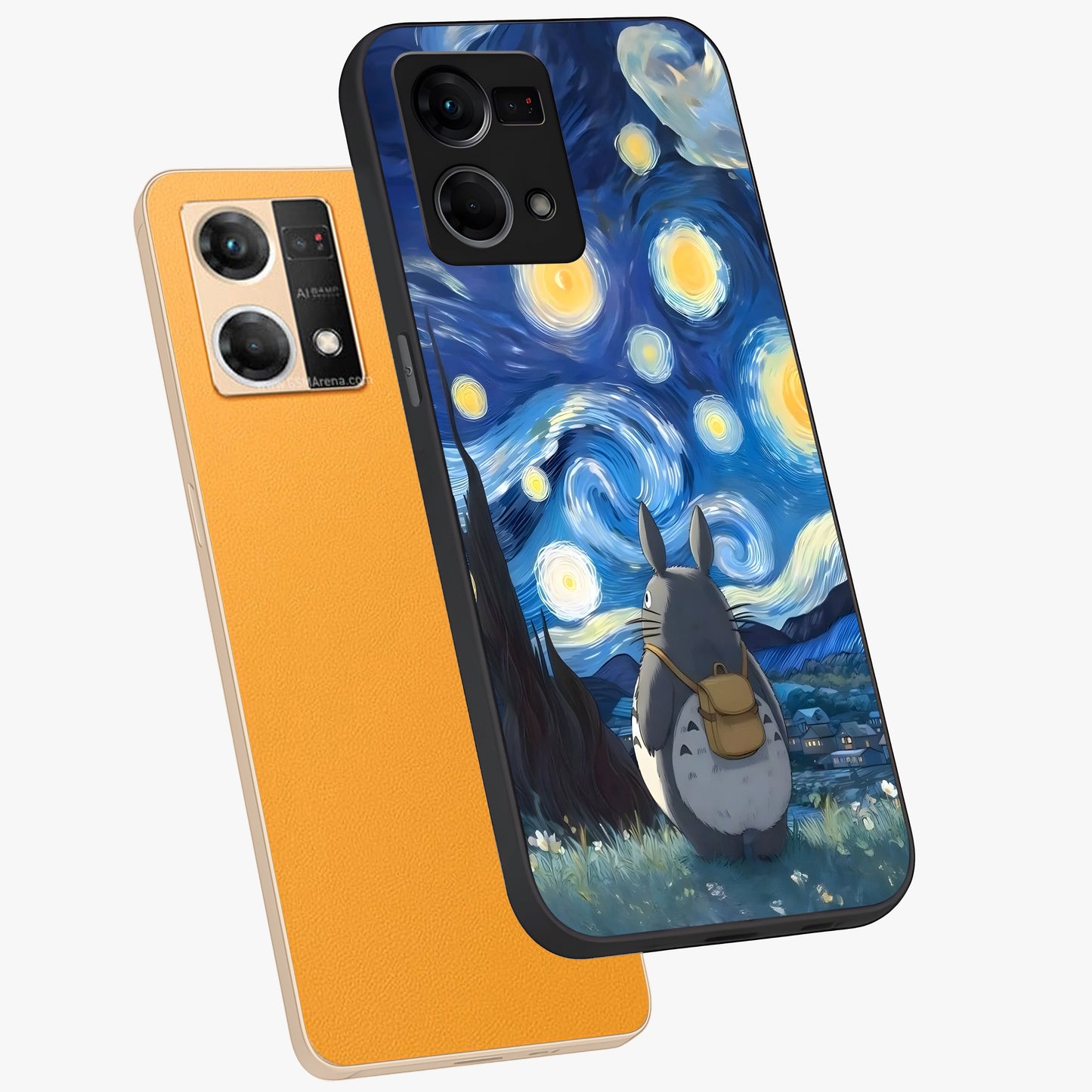 Totoro In Van Gogh Art Glass Case displayed in angled mockup highlighting artistic swirling sky design with playful animation aesthetic.