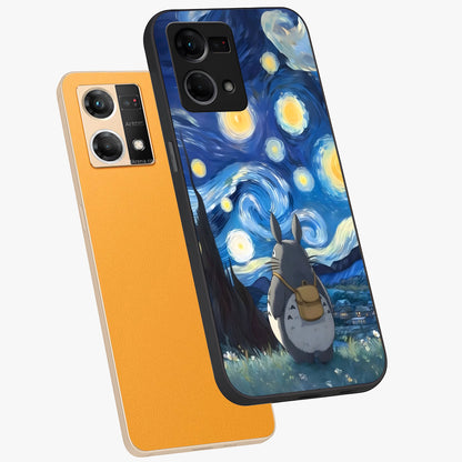 Totoro In Van Gogh Art Glass Case displayed in angled mockup highlighting artistic swirling sky design with playful animation aesthetic.