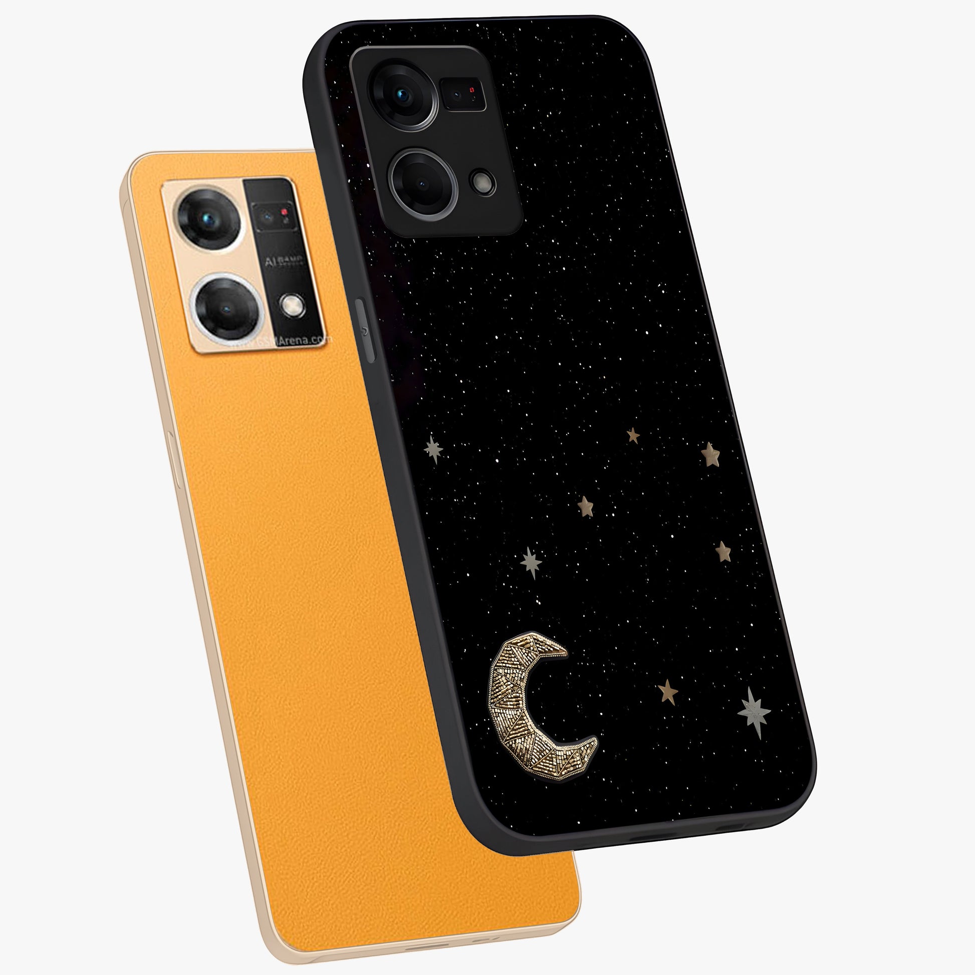 Twinkle Star With Half Moon Glass Case displayed in angled mockup highlighting celestial moon and star design with magical aesthetic.