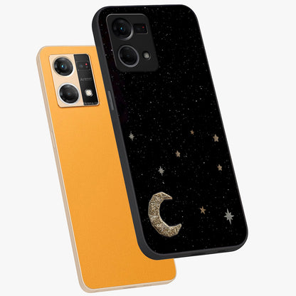 Twinkle Star With Half Moon Glass Case displayed in angled mockup highlighting celestial moon and star design with magical aesthetic.