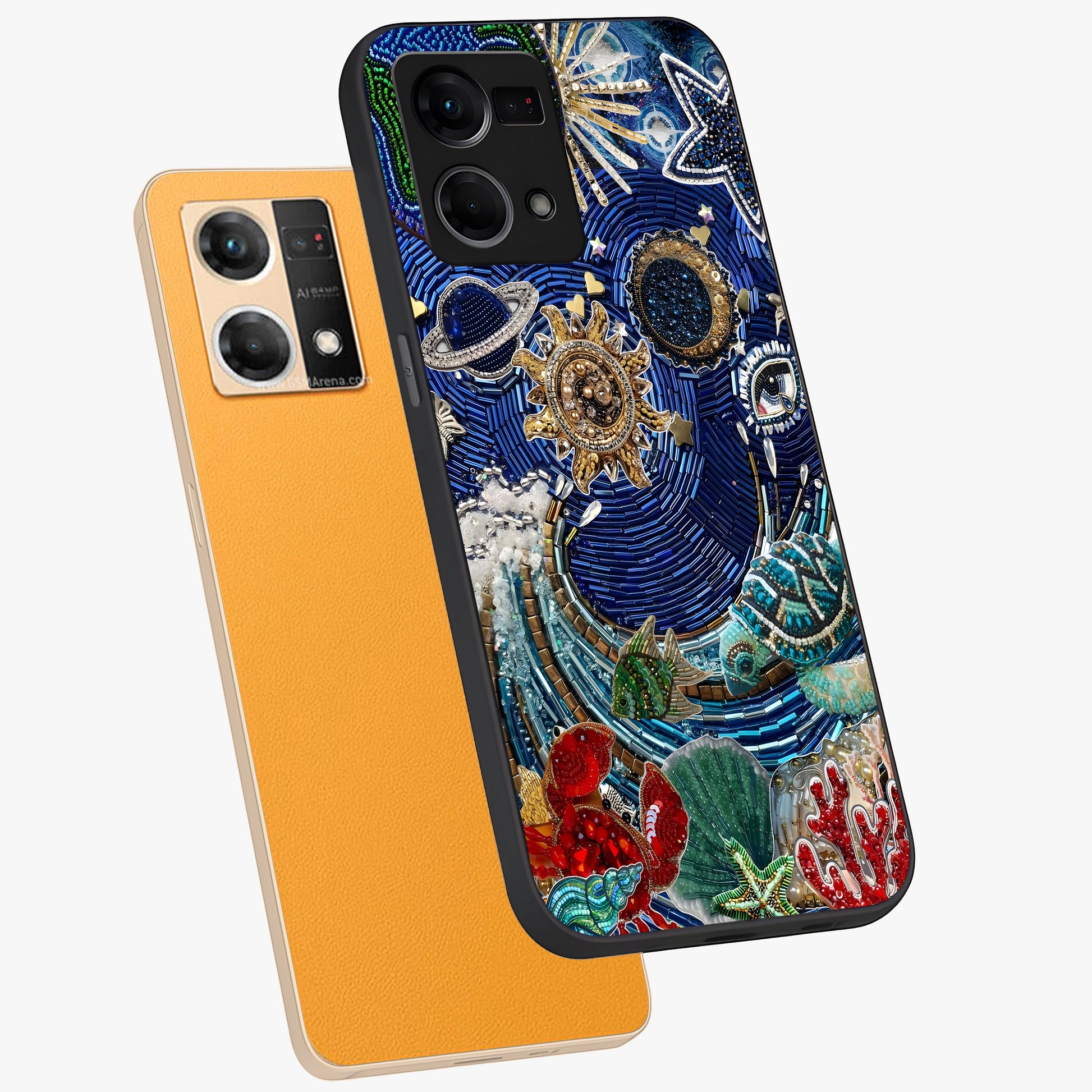 Universe Underwater Spark Glass Case displayed in angled mockup highlighting glowing aquatic design with celestial aesthetic.