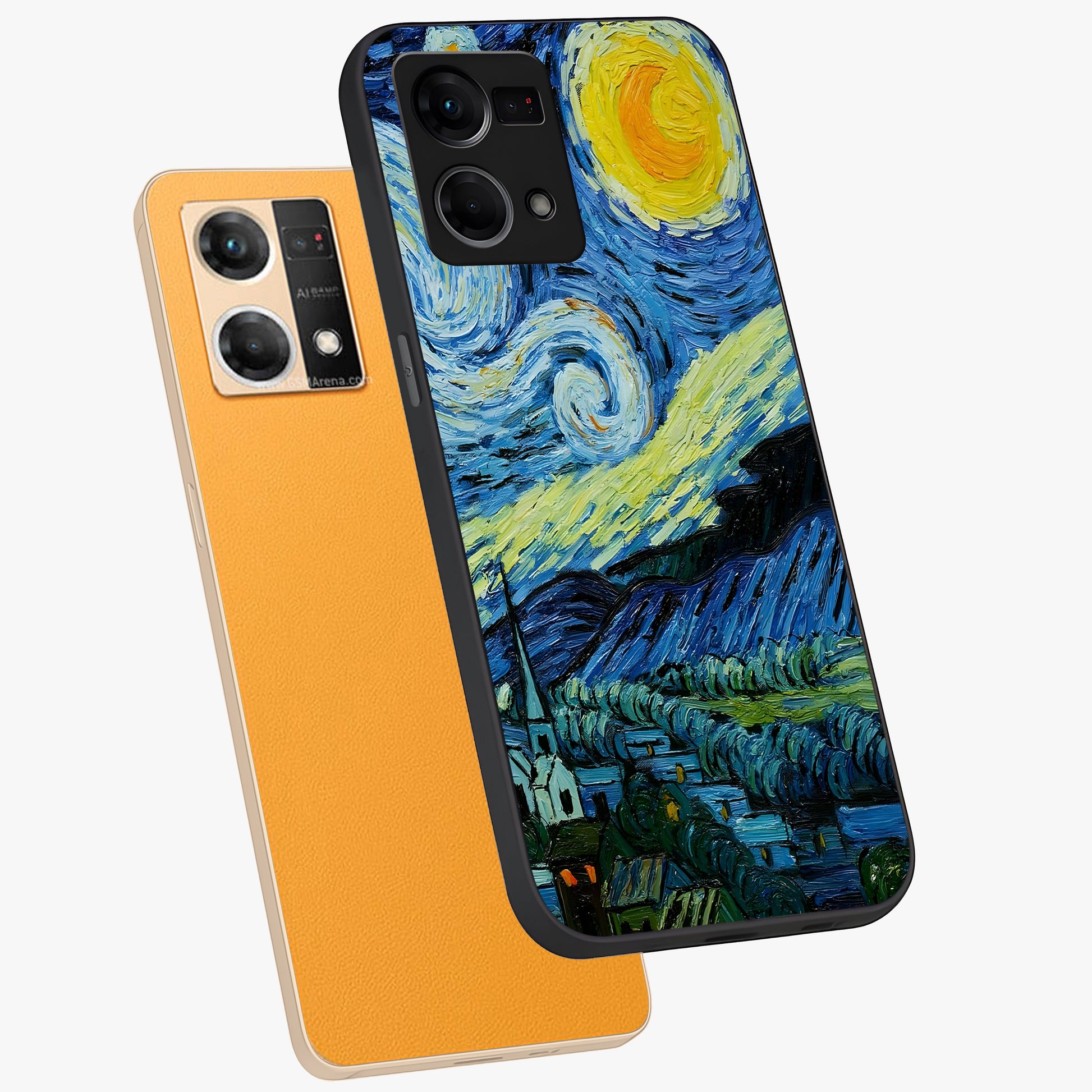 Van Gogh Art Glass Case displayed in angled mockup highlighting swirling brushstroke design with artistic aesthetic.