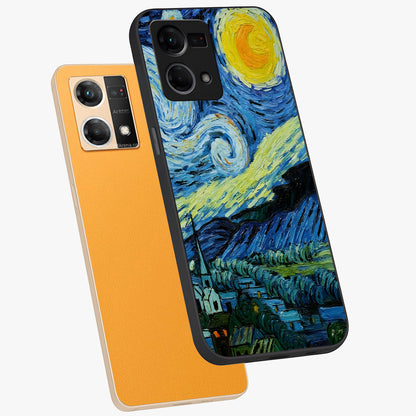 Van Gogh Art Glass Case displayed in angled mockup highlighting swirling brushstroke design with artistic aesthetic.