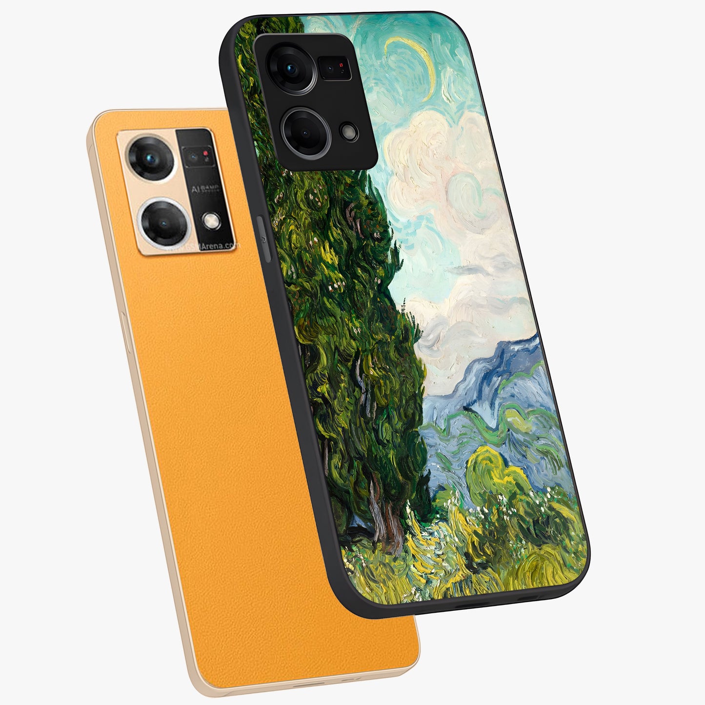 Van Gogh Vintage Art Glass Case displayed in angled mockup highlighting textured brushstroke design with classic aesthetic.