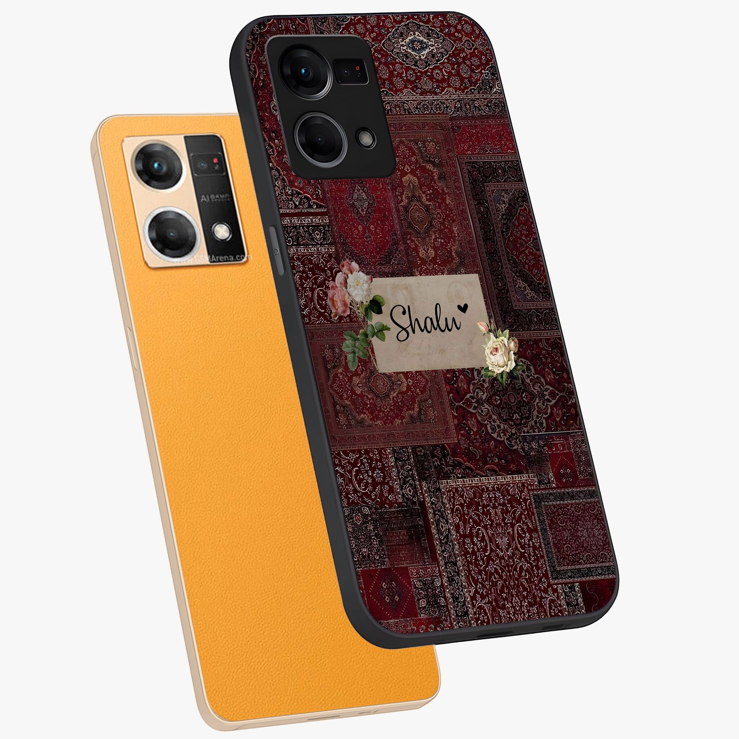 Velvet Wine Pattern Custom Name Glass Case displayed in angled mockup highlighting decorative velvet inspired design with custom name feature.