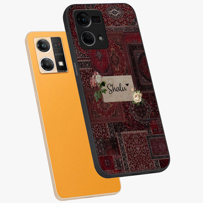 Velvet Wine Pattern Custom Name Glass Case displayed in angled mockup highlighting decorative velvet inspired design with custom name feature.