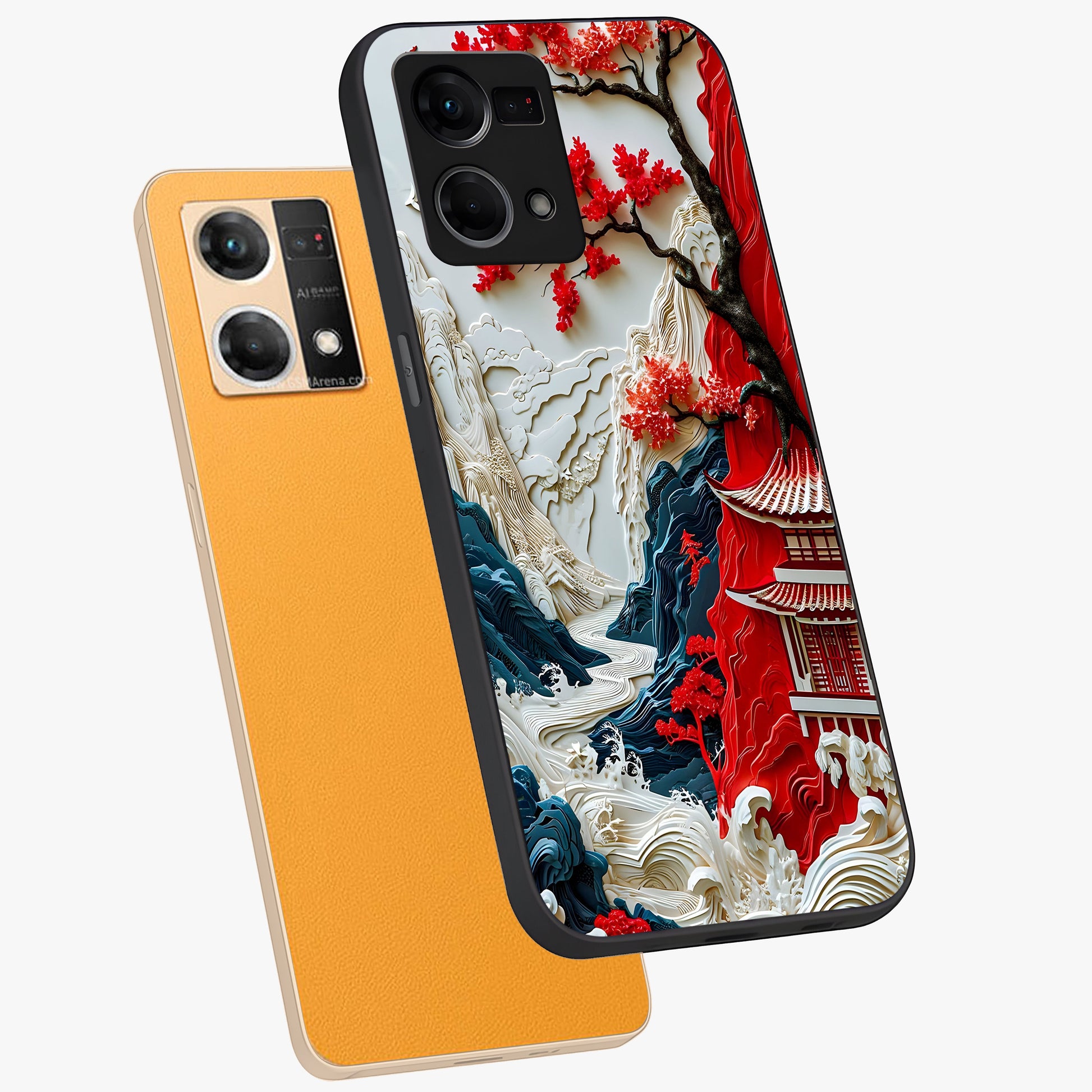 Whispers Of Sakura Waves Glass Case displayed in angled mockup highlighting flowing sakura design with soft floral aesthetic.