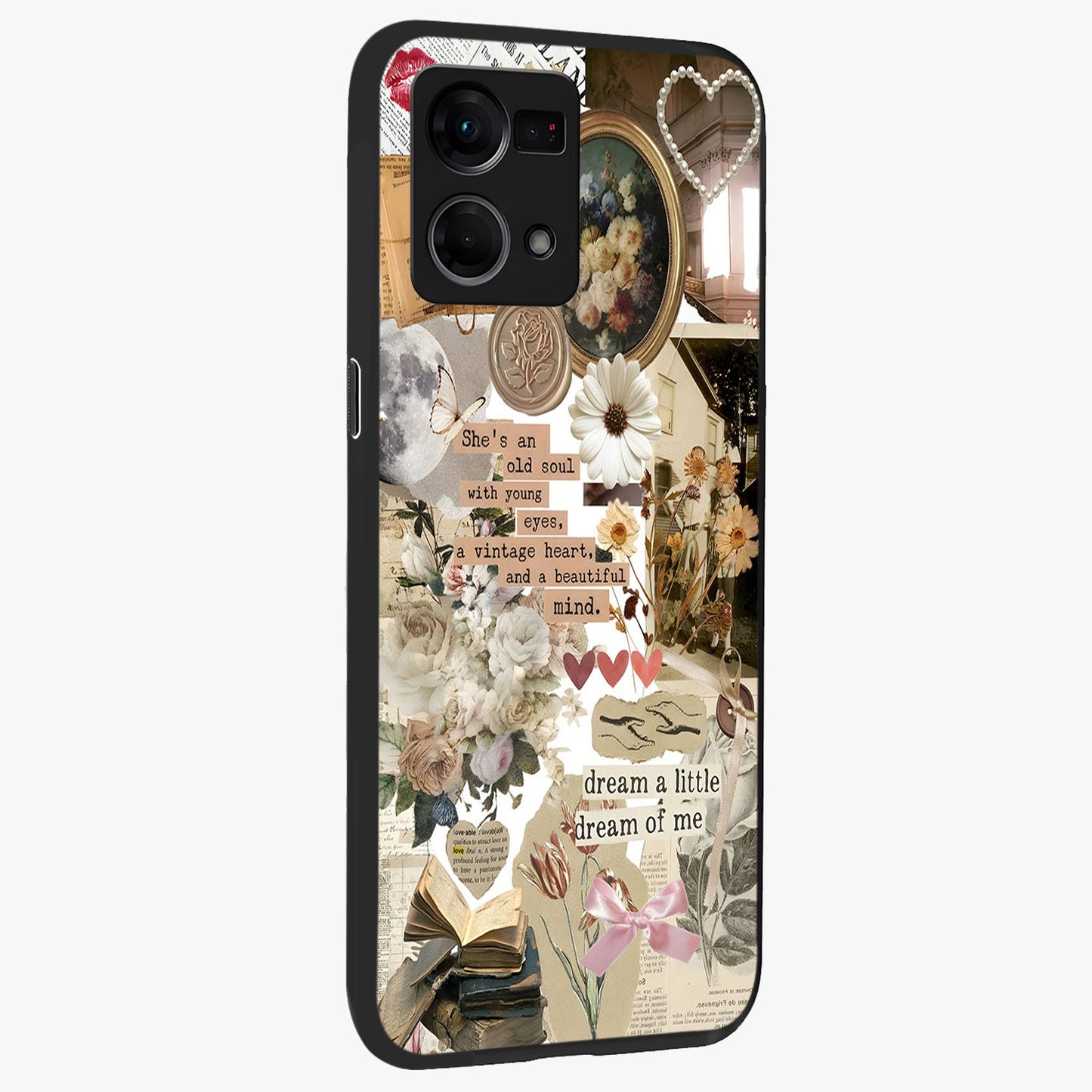Aesthetic Brown Vintage Collage Glass Case upright view showcasing nostalgic retro artwork with stylish vintage theme.
