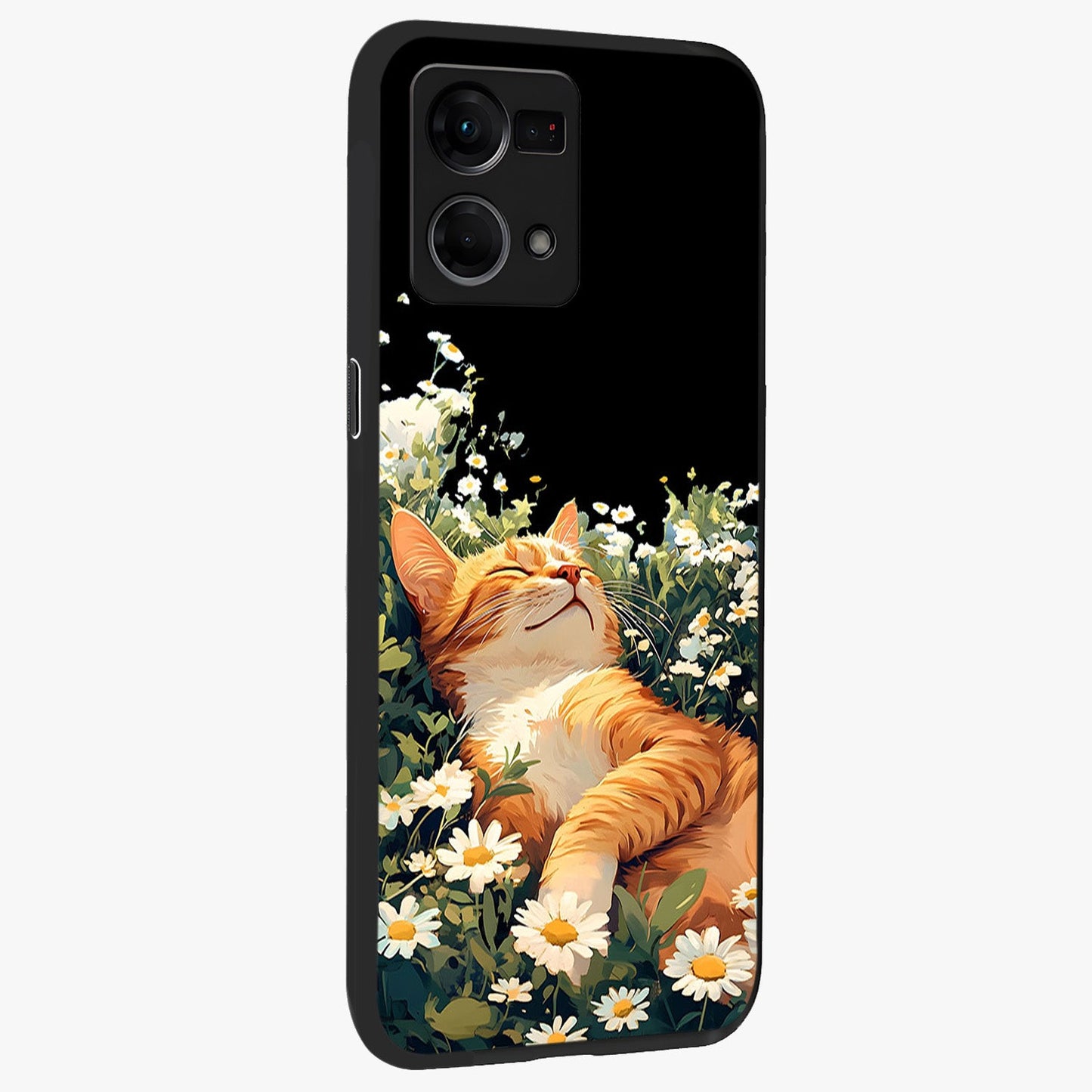 Blissful Bloom Cat Glass Case upright view showcasing charming cat design surrounded by blooming floral elements.