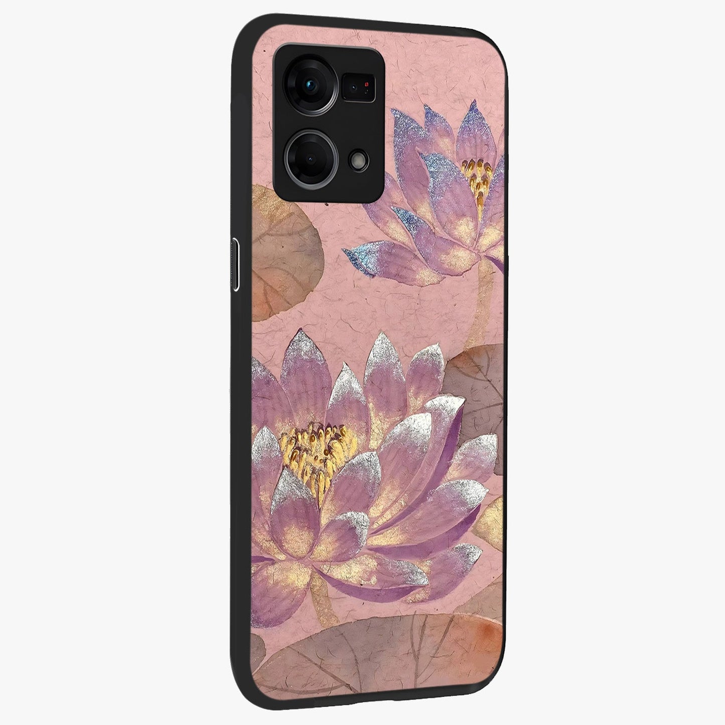 Blossom Mist Lotus Glass Case upright view showcasing graceful lotus flower design with peaceful botanical style.