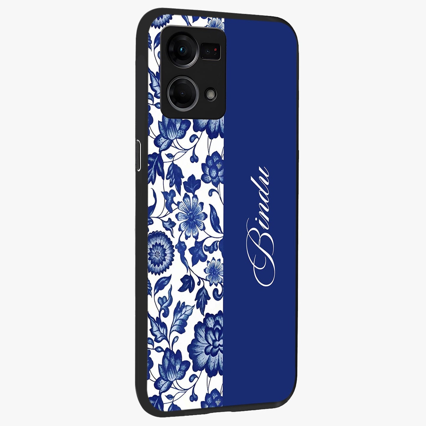Blue Vintage Floral Pattern Glass Case upright view showcasing delicate blush floral texture with modern minimal style.