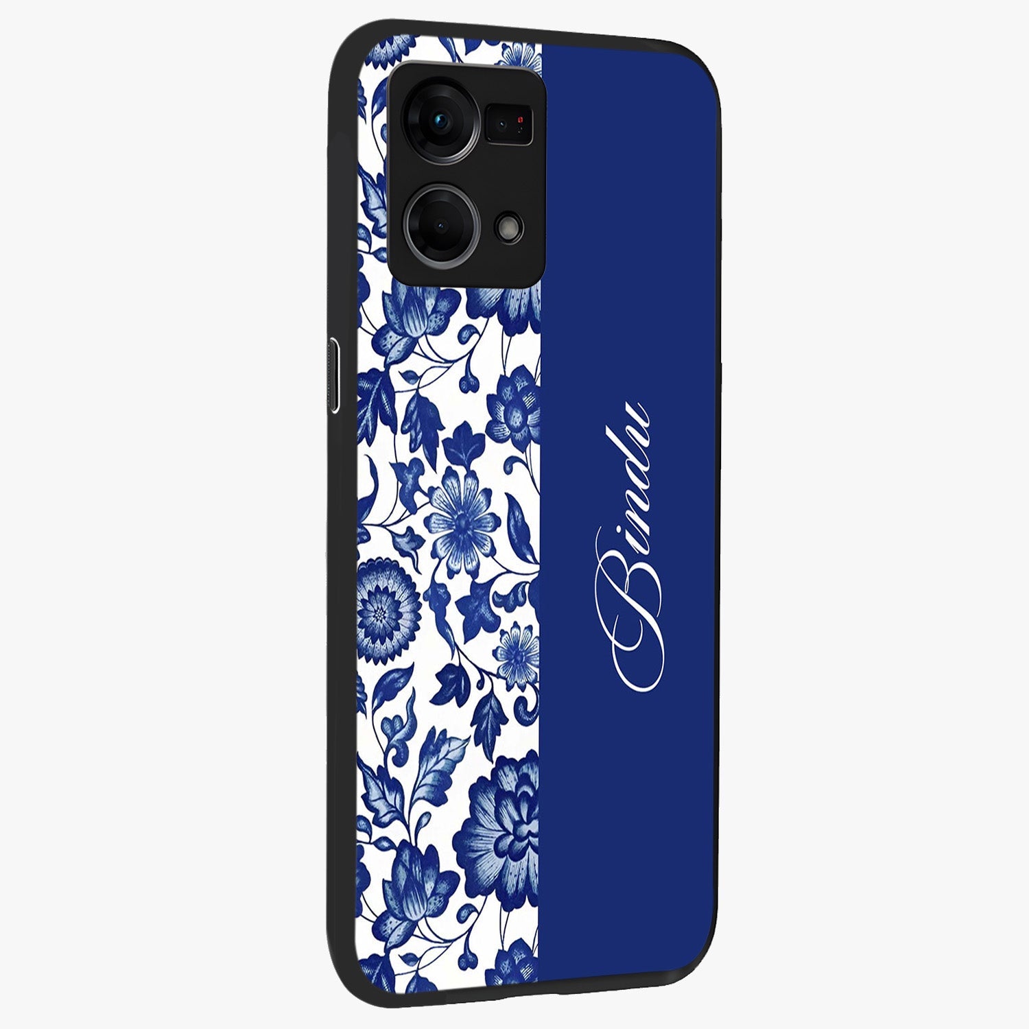 Blue Vintage Floral Pattern Glass Case upright view showcasing delicate blush floral texture with modern minimal style.