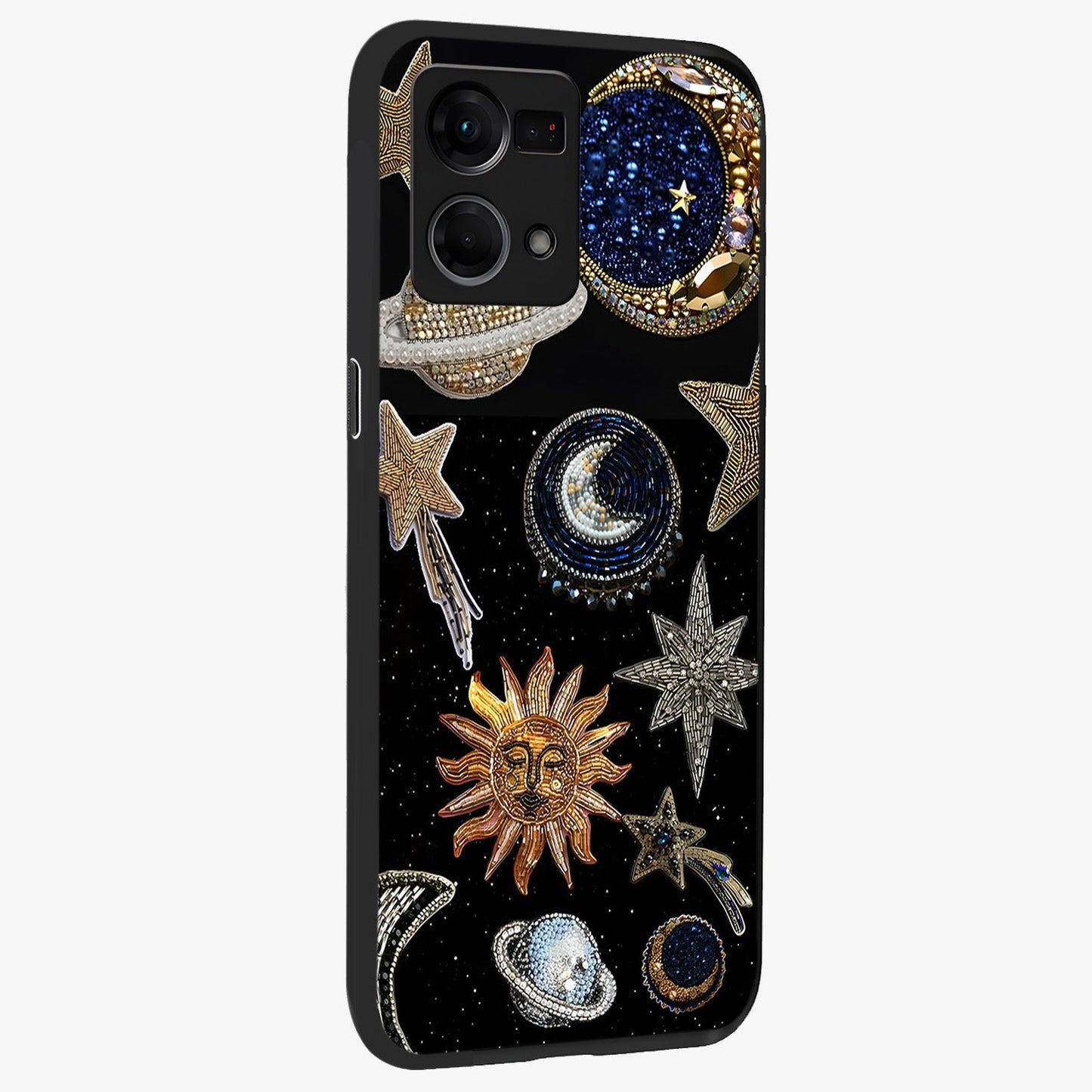 Celestial Gem Constellations Glass Case upright view showcasing cosmic constellation artwork with celestial aesthetic style.