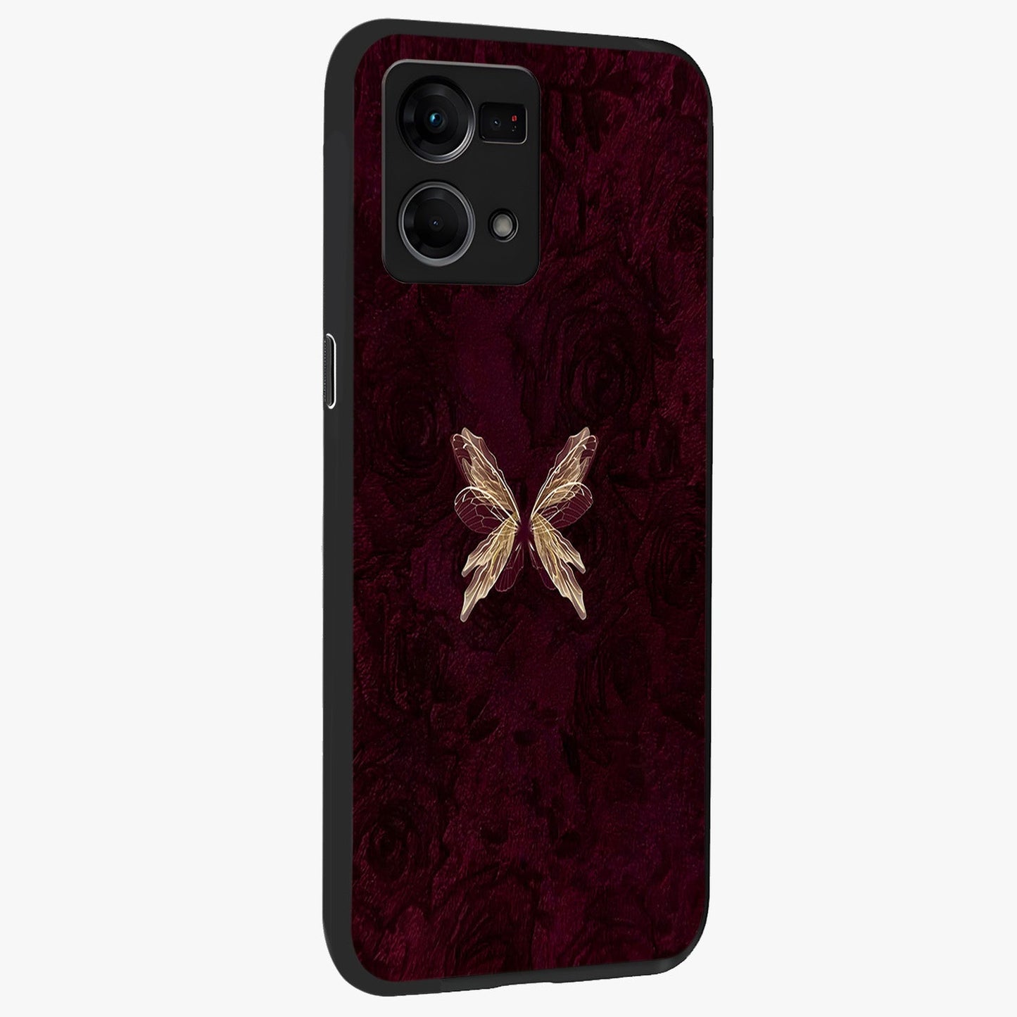 Crimson Fade Butterfly Glass Case upright view showcasing graceful butterfly artwork with soft crimson fade effect.