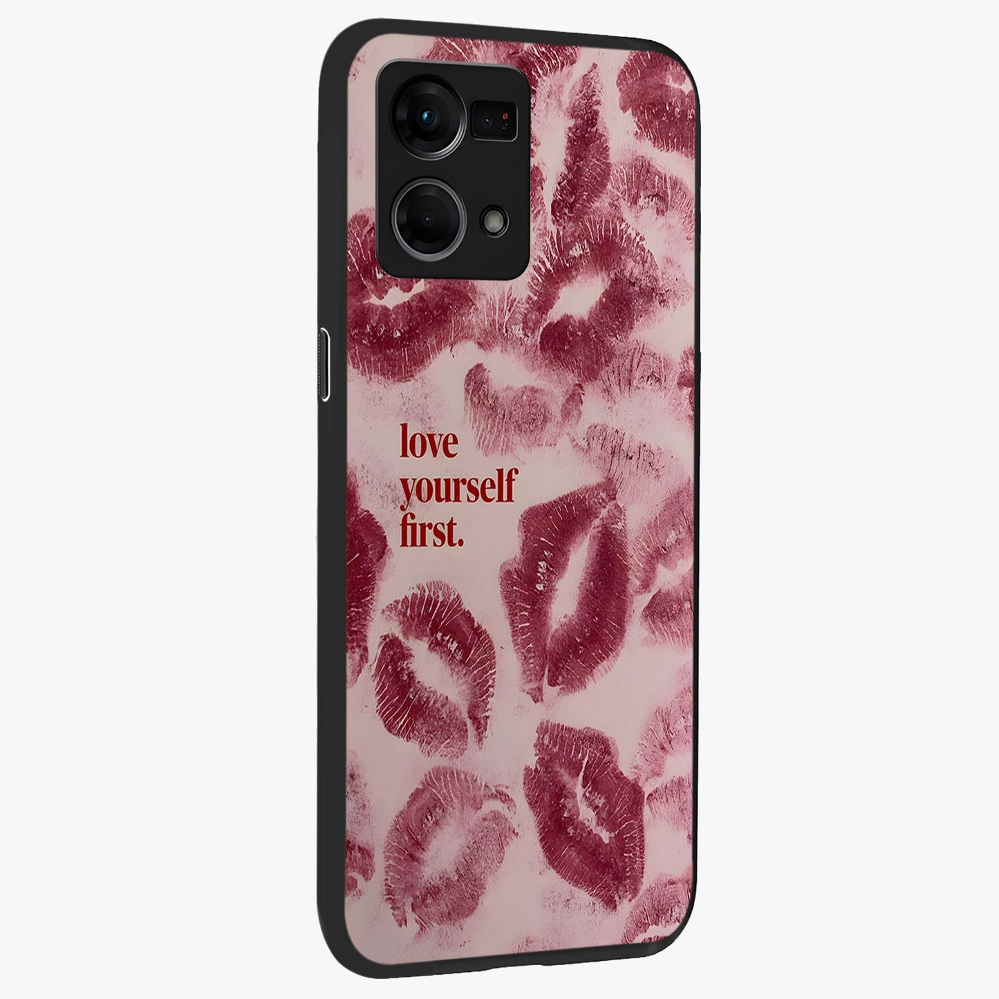 Crimson Kiss Love Glass Case upright view showcasing expressive romantic artwork with deep crimson theme.