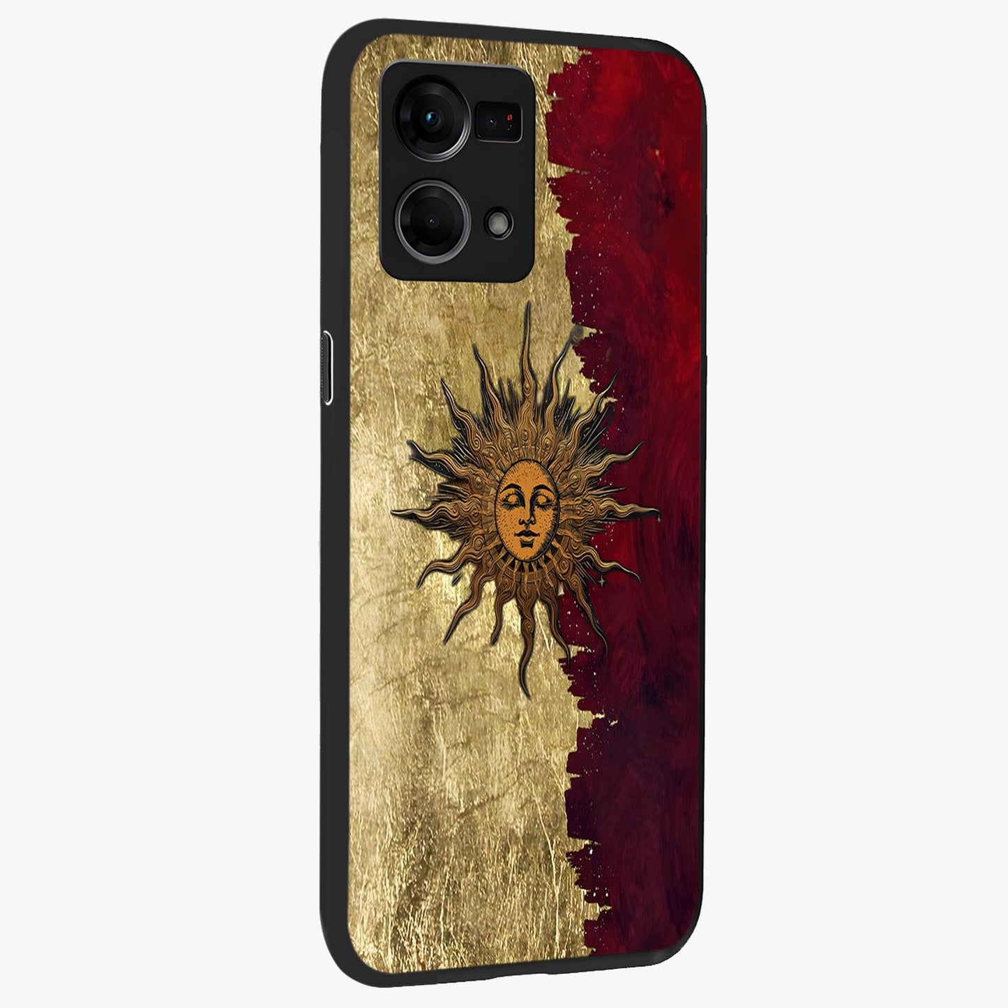 Crimson Sun Majesty Glass Case upright view showcasing vibrant sun artwork with powerful celestial theme.