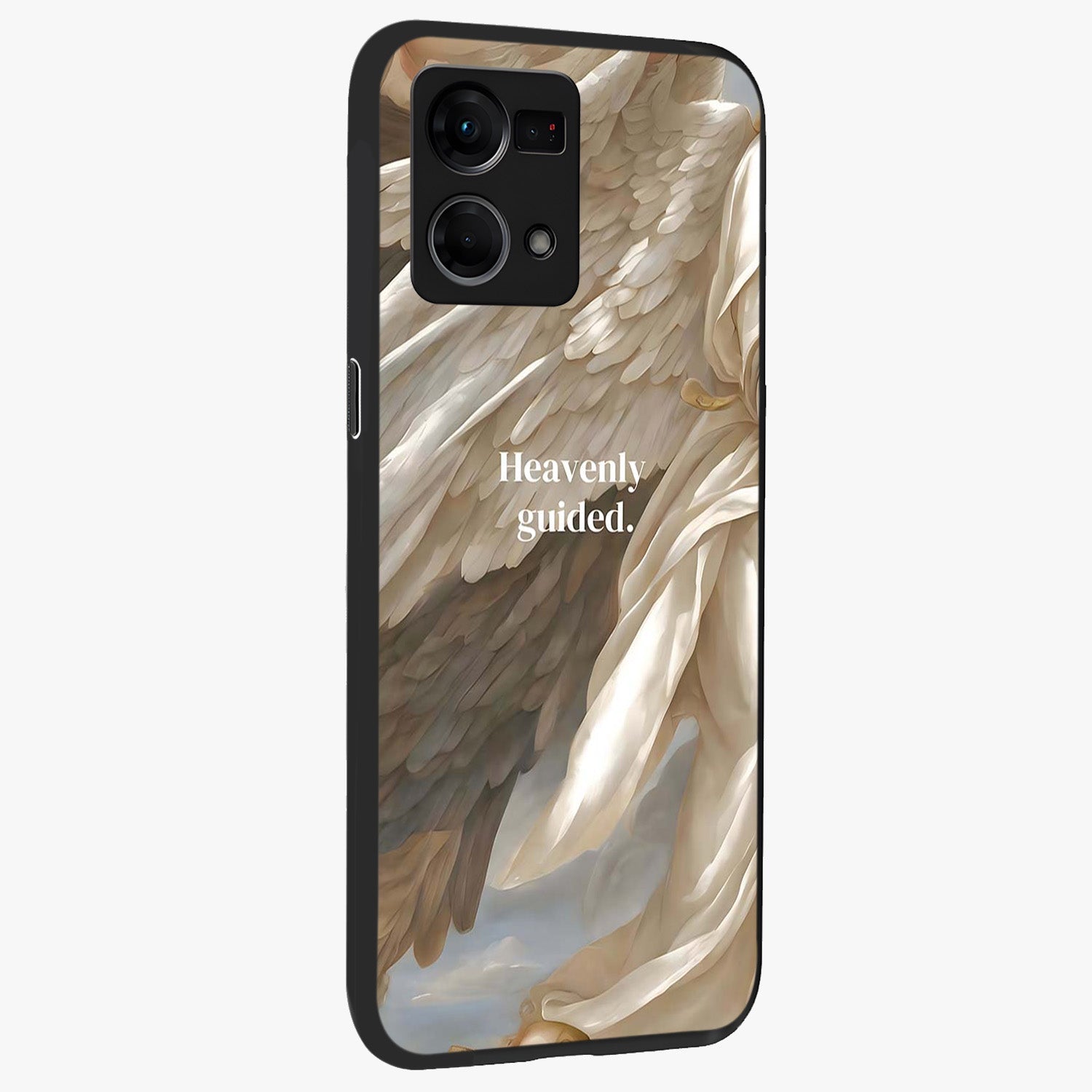 Divine Winged Grace Glass Case upright view showcasing spiritual wing artwork with soft celestial theme.