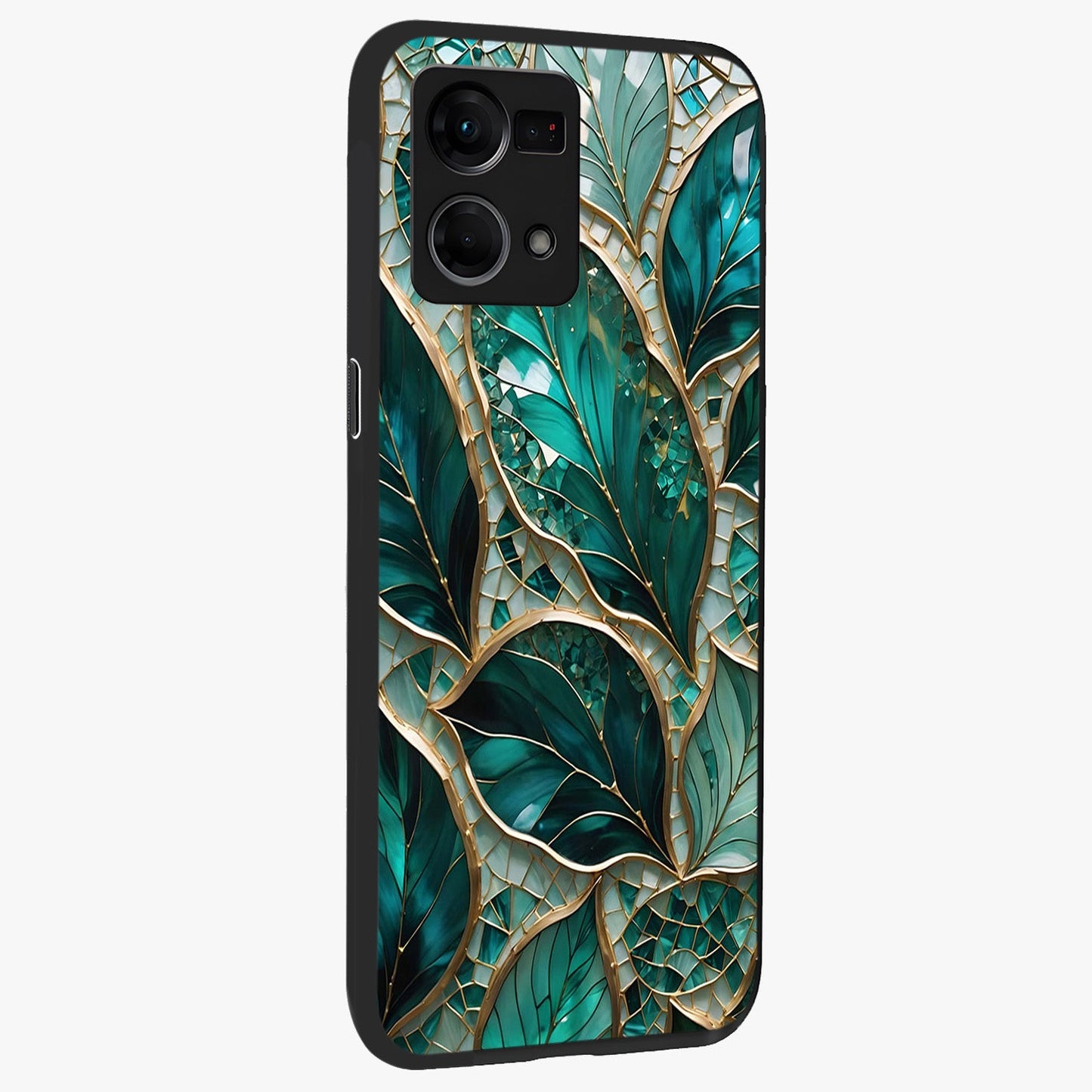 Emerald Leaf Glass Glass Case upright view showcasing fresh green leaf artwork with calming nature inspired style.