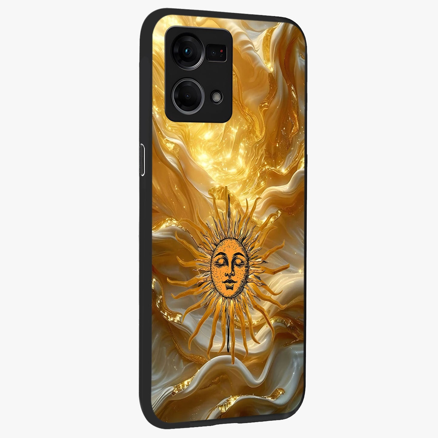 Eternal Golden Glow Glass Case upright view showcasing luminous golden artwork with luxurious visual theme.