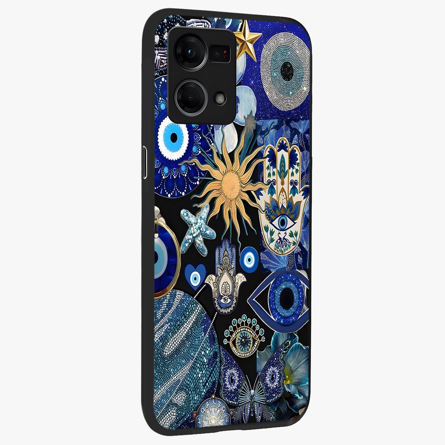 Evil Eye Charm Mix Glass Case upright view showcasing mystical evil eye pattern with vibrant decorative style.