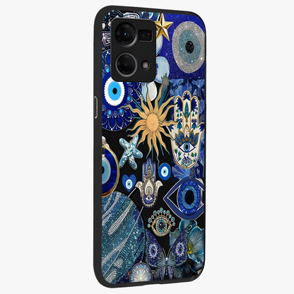 Evil Eye Charm Mix Glass Case upright view showcasing mystical evil eye pattern with vibrant decorative style.