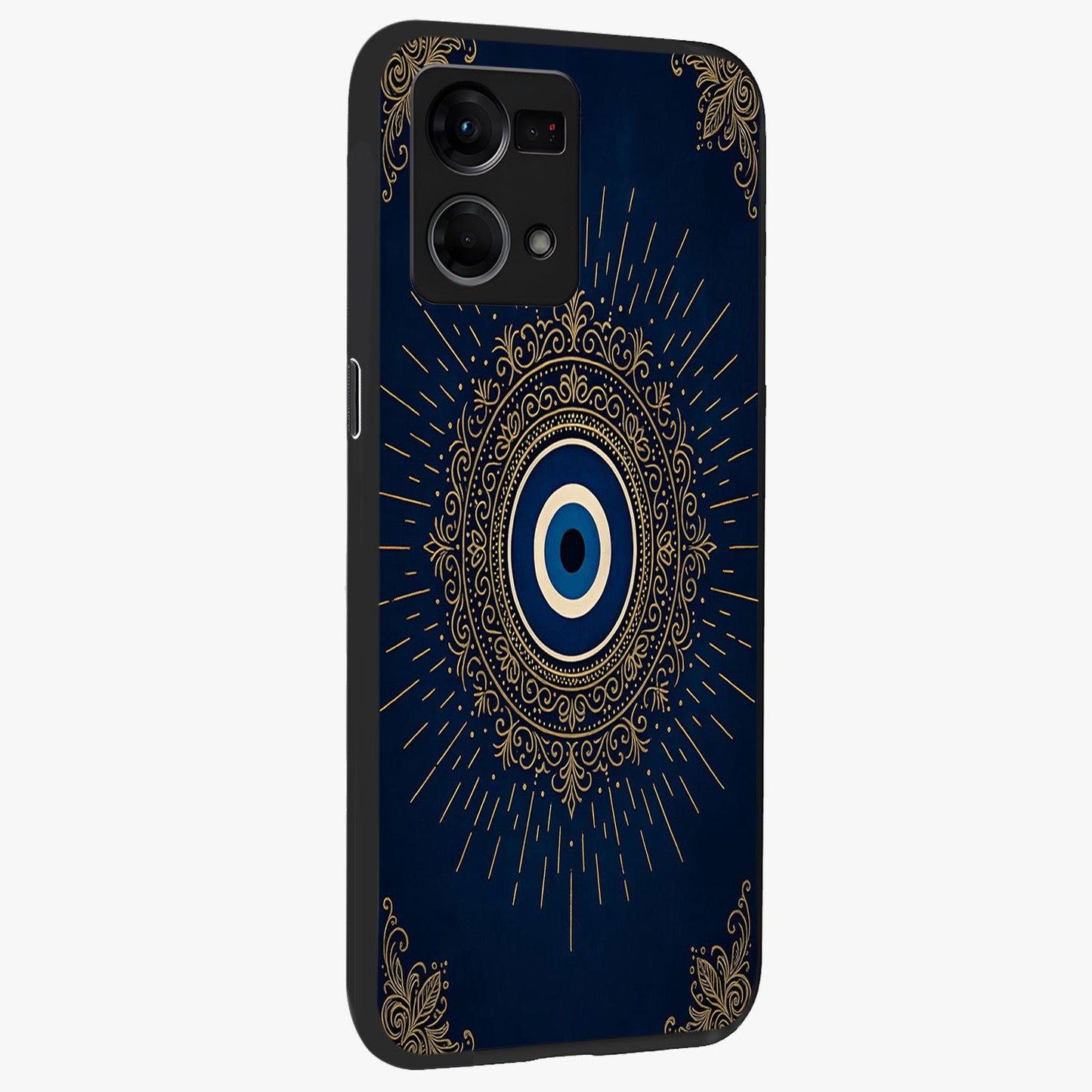 Golden Celestial Charm Glass Case upright view showcasing radiant celestial artwork with elegant golden theme.