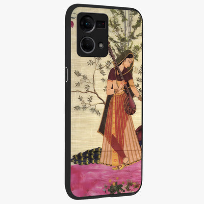 Lady With Veena Art Glass Case upright view showcasing classical veena artwork with traditional artistic theme.