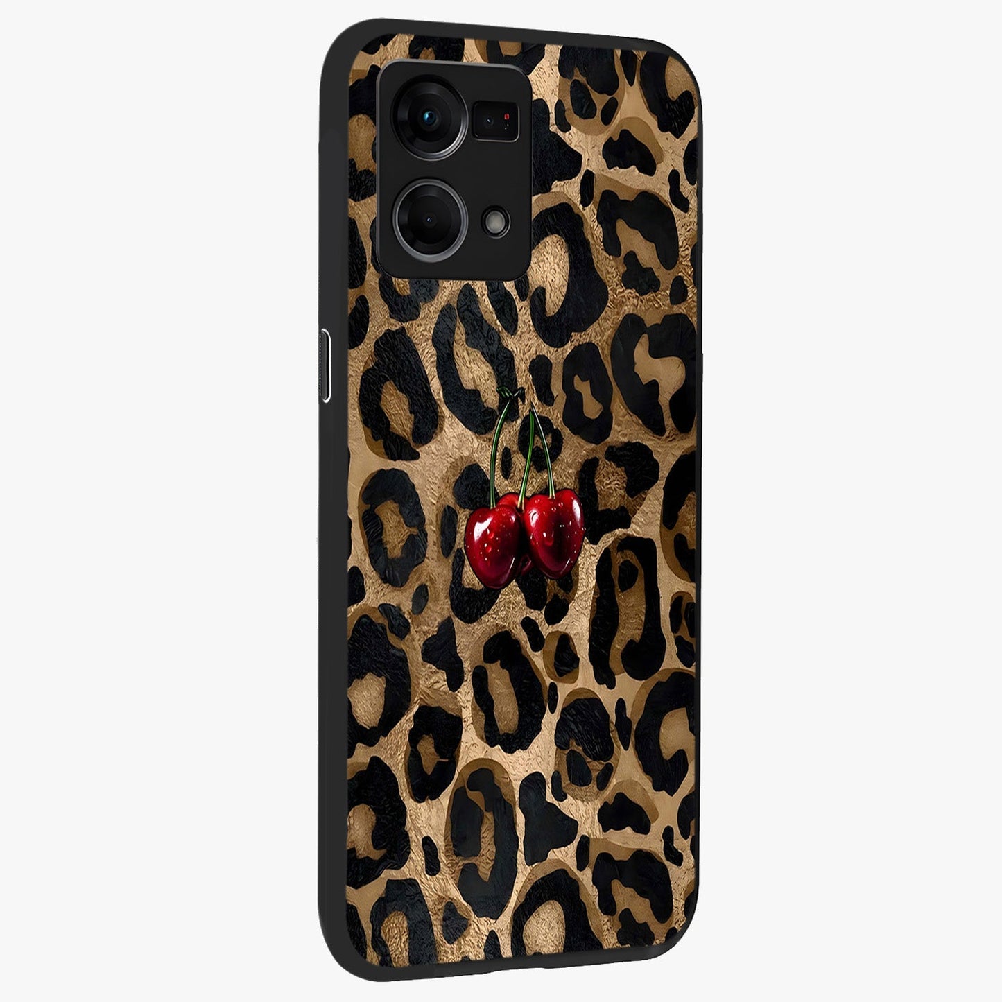 Leopard Wild Cherry Glass Case upright view showcasing stylish leopard pattern artwork with trendy fashion theme.