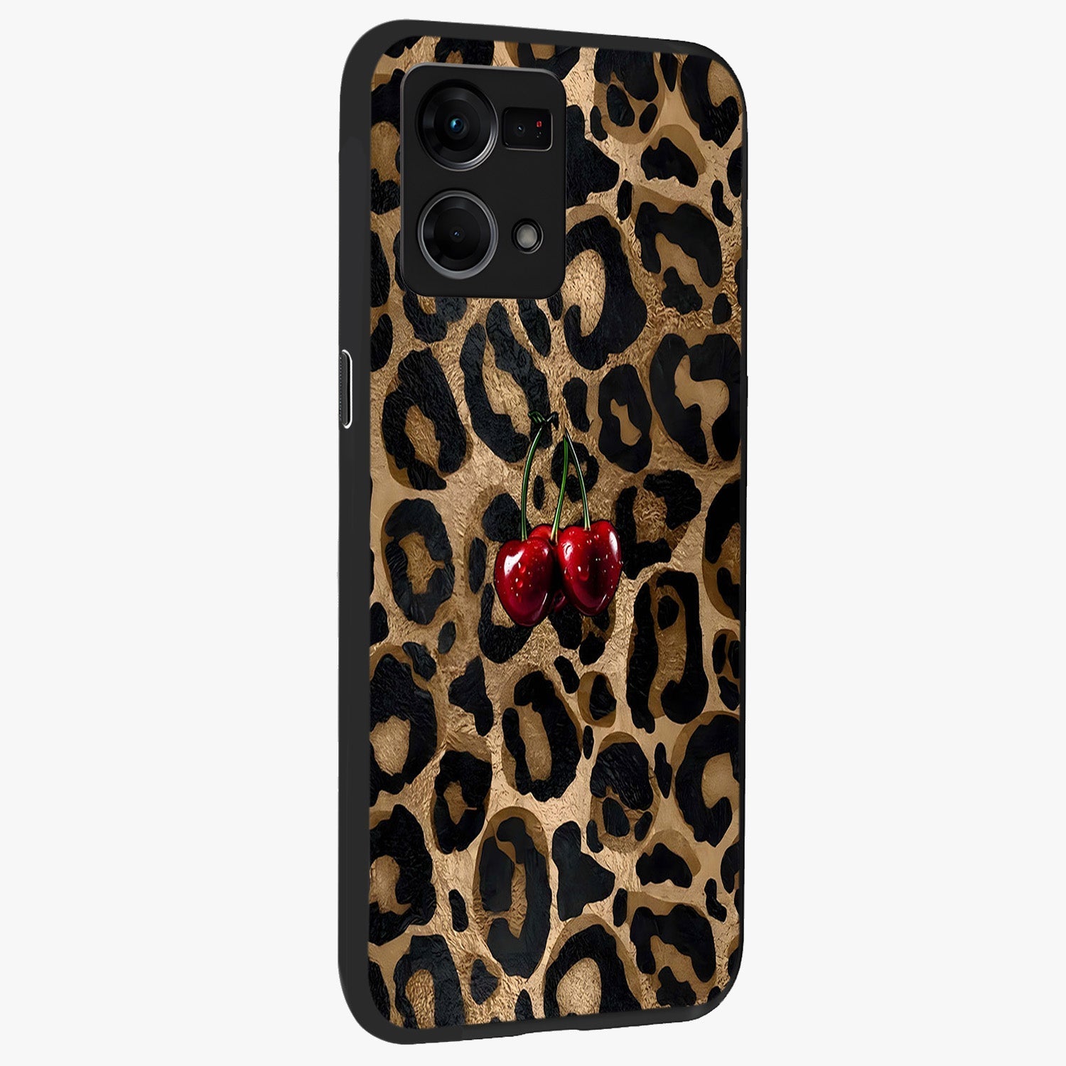Leopard Wild Cherry Glass Case upright view showcasing stylish leopard pattern artwork with trendy fashion theme.