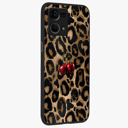 Leopard Wild Cherry Glass Case upright view showcasing stylish leopard pattern artwork with trendy fashion theme.